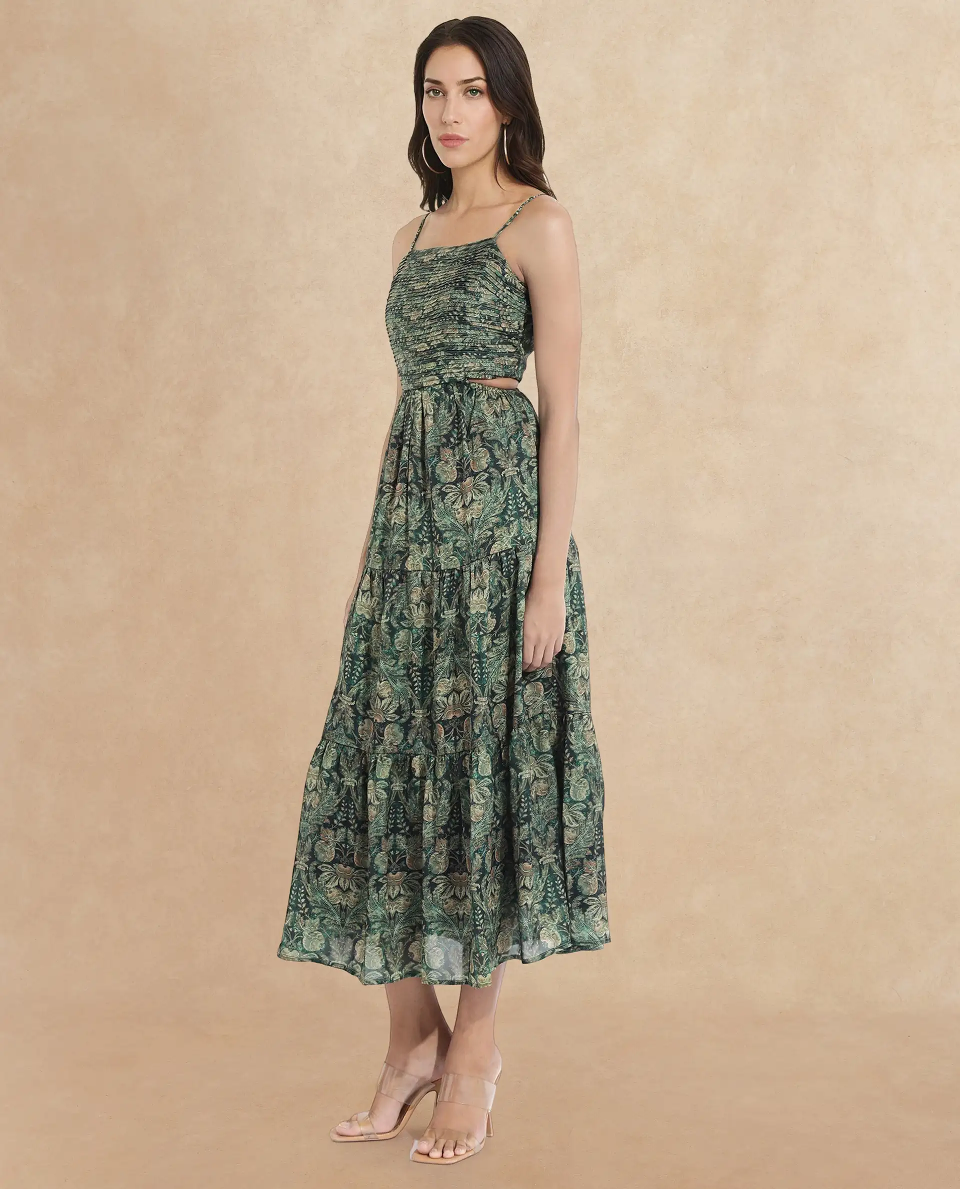 Rareism Women's Melvin Dark Green Polyester Shoulder Strap Floral Print Shoulder Strap Maxi Fit And Flare Dress - Image 4