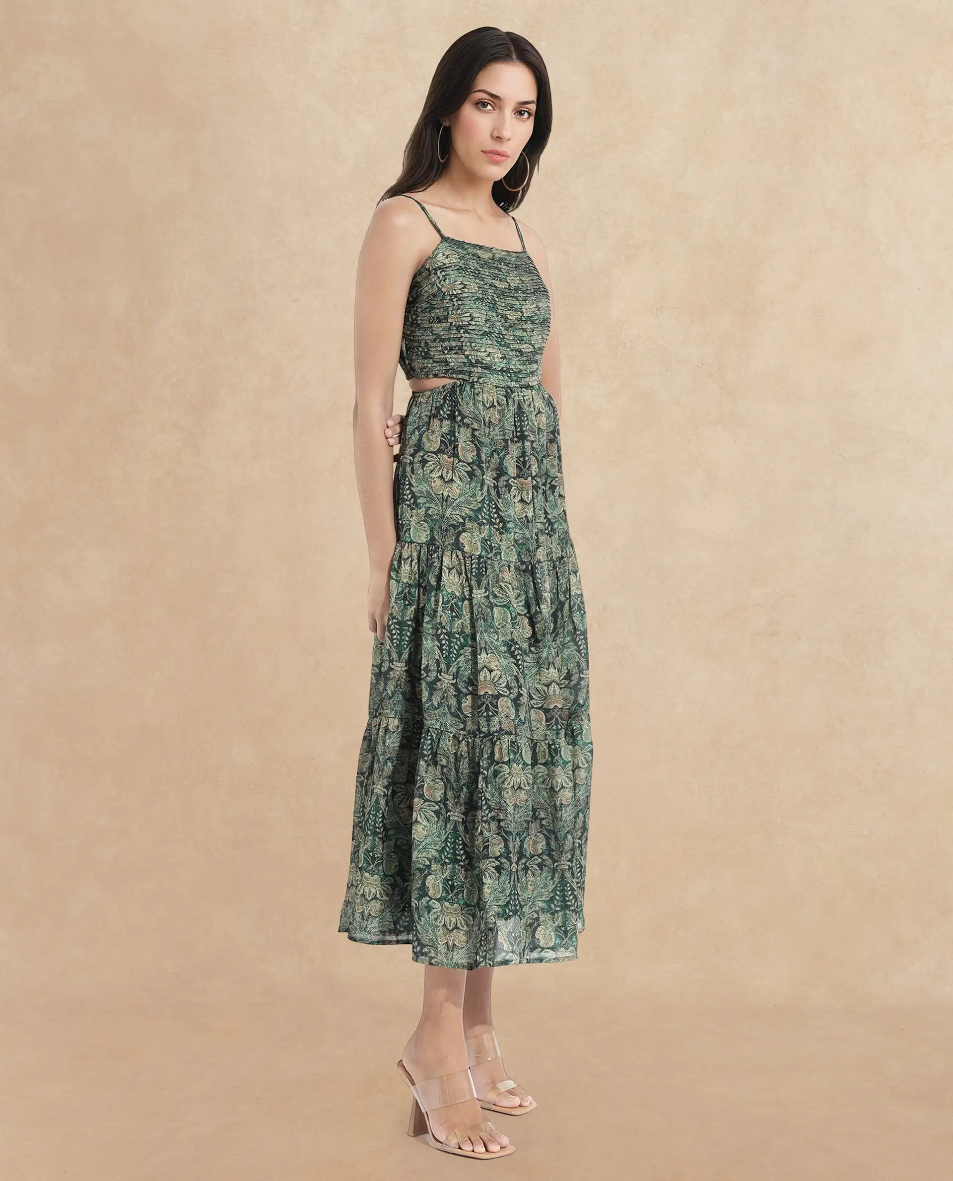 Rareism Women's Melvin Dark Green Polyester Shoulder Strap Floral Print Shoulder Strap Maxi Fit And Flare Dress - Image 5