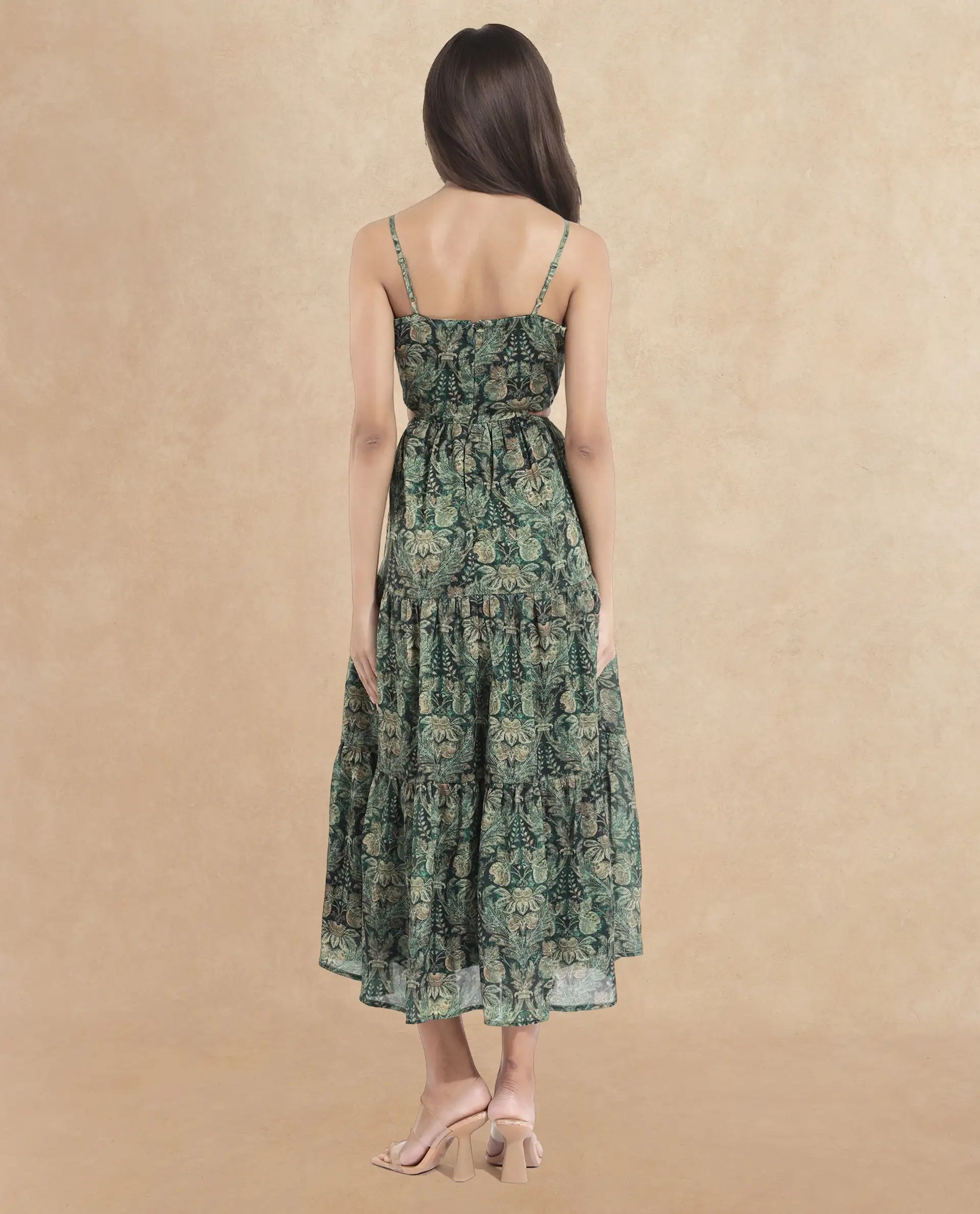 Rareism Women's Melvin Dark Green Polyester Shoulder Strap Floral Print Shoulder Strap Maxi Fit And Flare Dress - Image 6