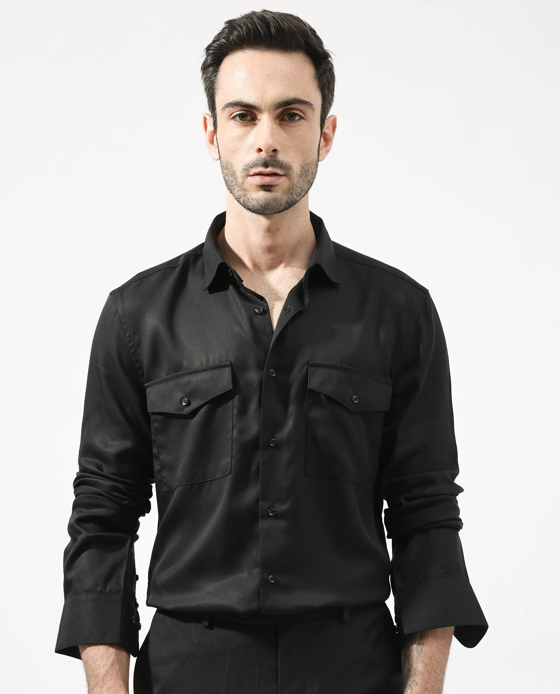 Rare Rabbit Men's Memop Ls Black Tencel Plain Regular Fit Full Sleeve Collared Shirt - Image 2