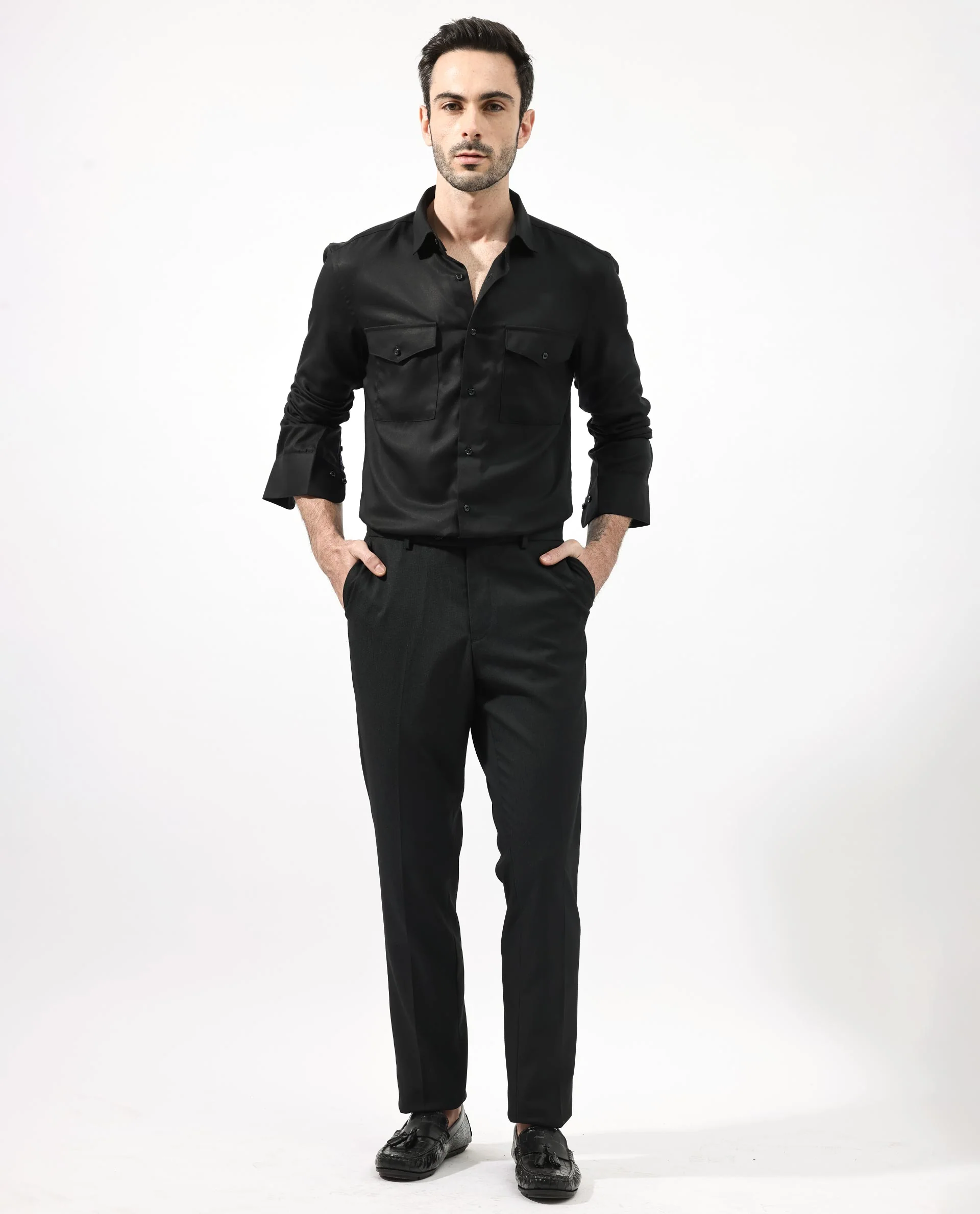 Rare Rabbit Men's Memop Ls Black Tencel Plain Regular Fit Full Sleeve Collared Shirt - Image 3