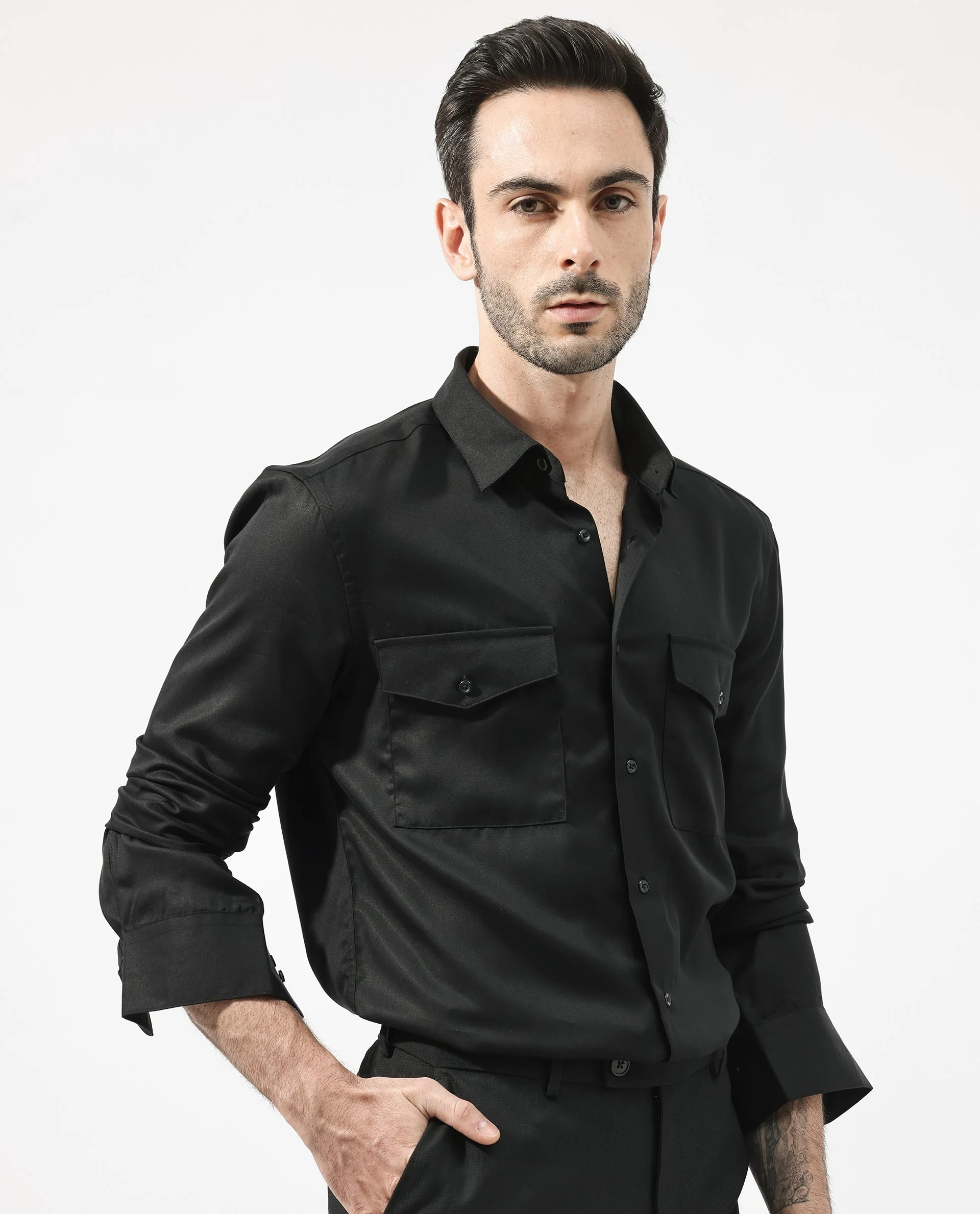 Rare Rabbit Men's Memop Ls Black Tencel Plain Regular Fit Full Sleeve Collared Shirt - Image 4