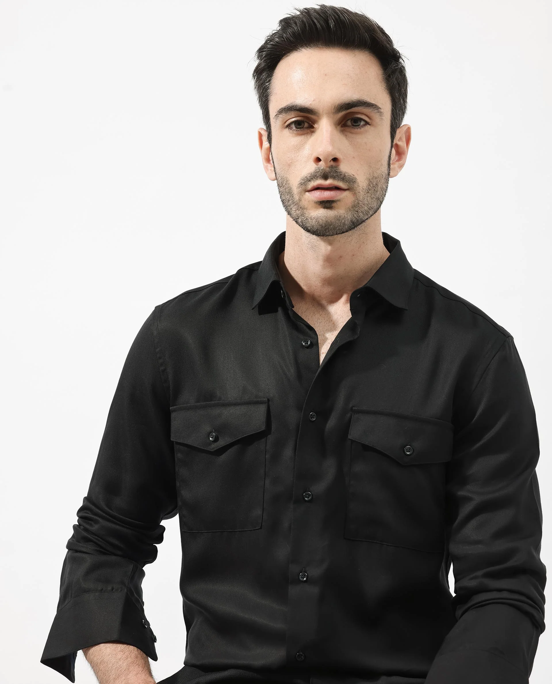 Rare Rabbit Men's Memop Ls Black Tencel Plain Regular Fit Full Sleeve Collared Shirt - Image 7