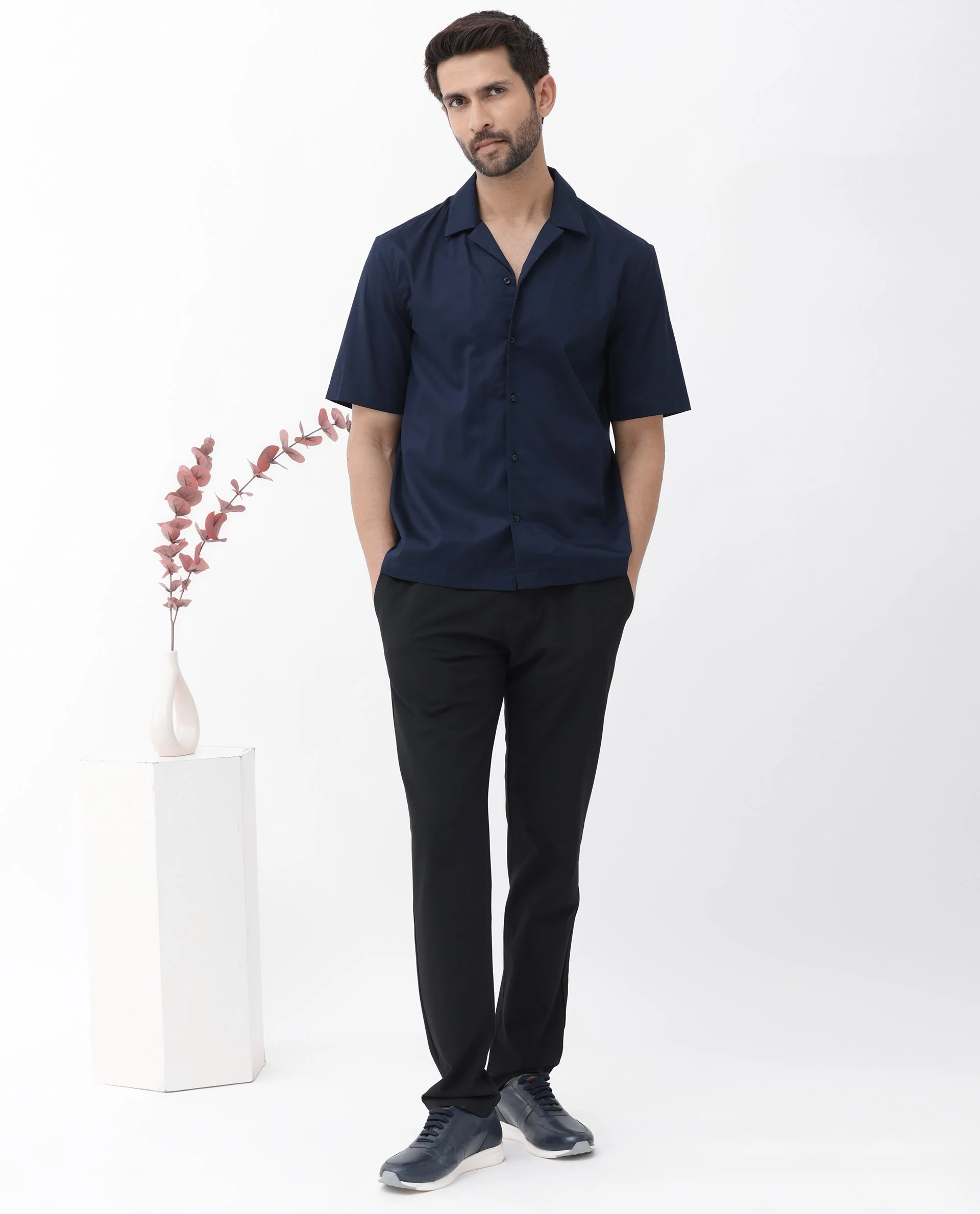 Rare Rabbit Men's Memop Ss Navy Tencel Plain Boxy Fit Half Sleeve Cuban Collar Shirt - Image 2