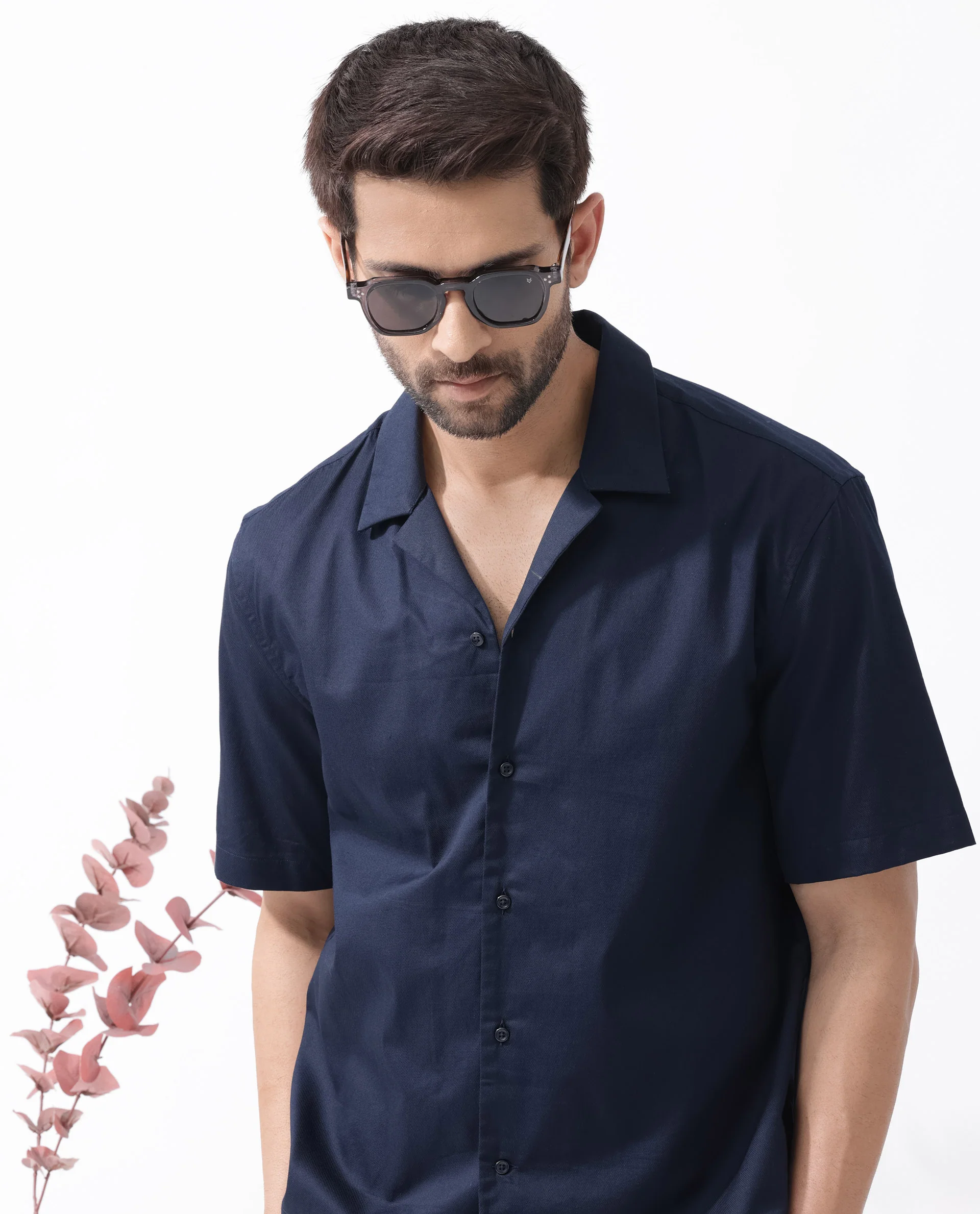 Rare Rabbit Men's Memop Ss Navy Tencel Plain Boxy Fit Half Sleeve Cuban Collar Shirt - Image 3