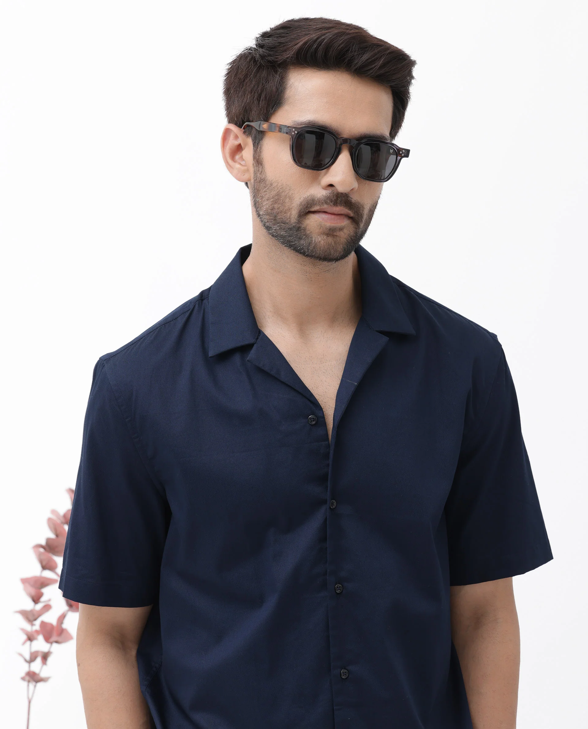 Rare Rabbit Men's Memop Ss Navy Tencel Plain Boxy Fit Half Sleeve Cuban Collar Shirt - Image 4