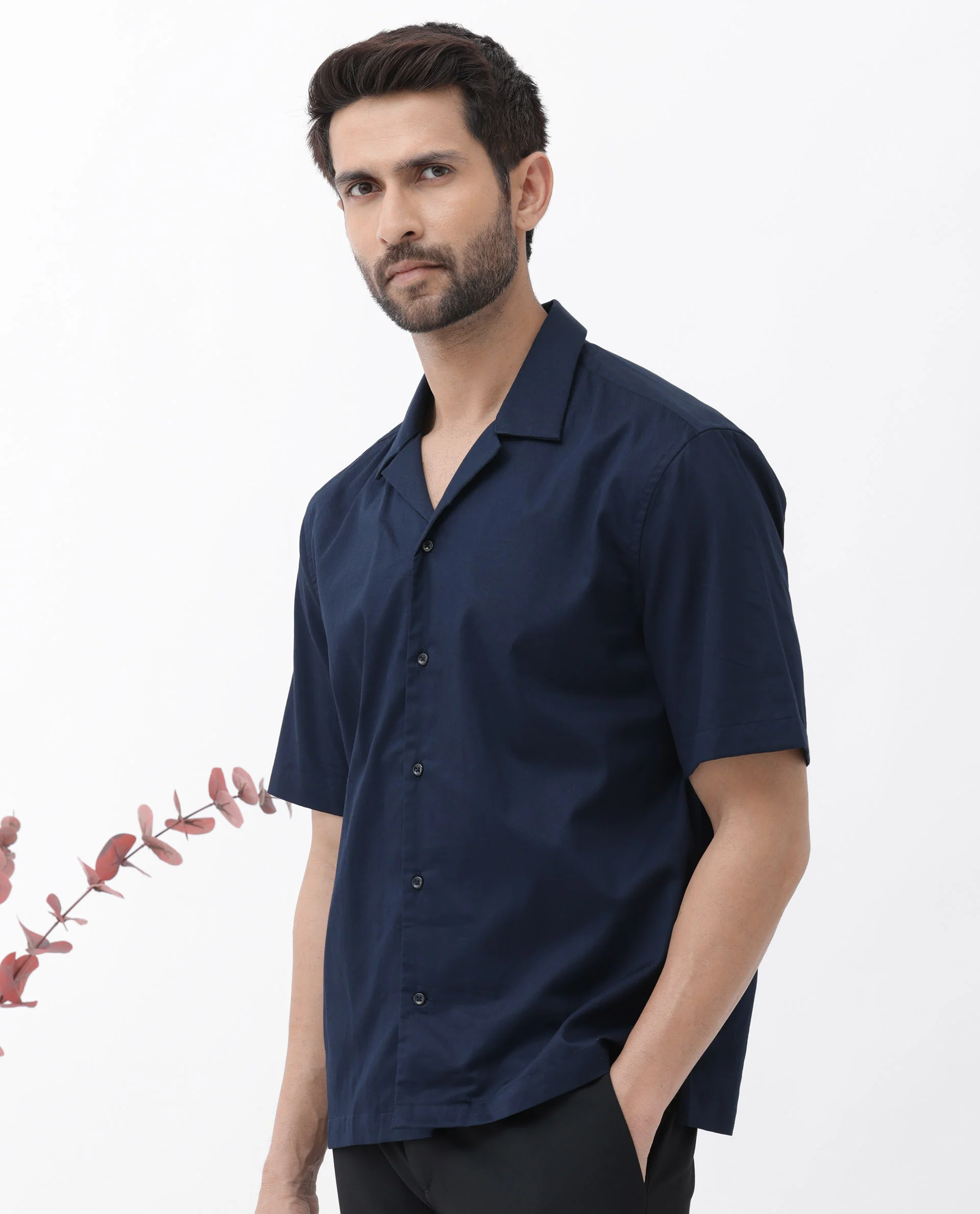 Rare Rabbit Men's Memop Ss Navy Tencel Plain Boxy Fit Half Sleeve Cuban Collar Shirt - Image 5