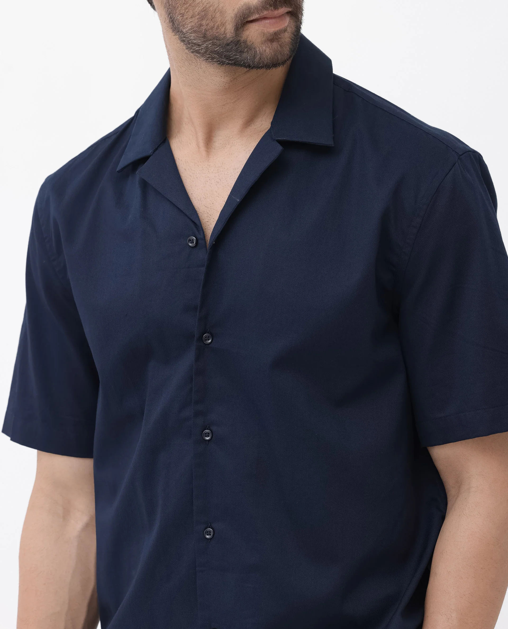 Rare Rabbit Men's Memop Ss Navy Tencel Plain Boxy Fit Half Sleeve Cuban Collar Shirt - Image 6
