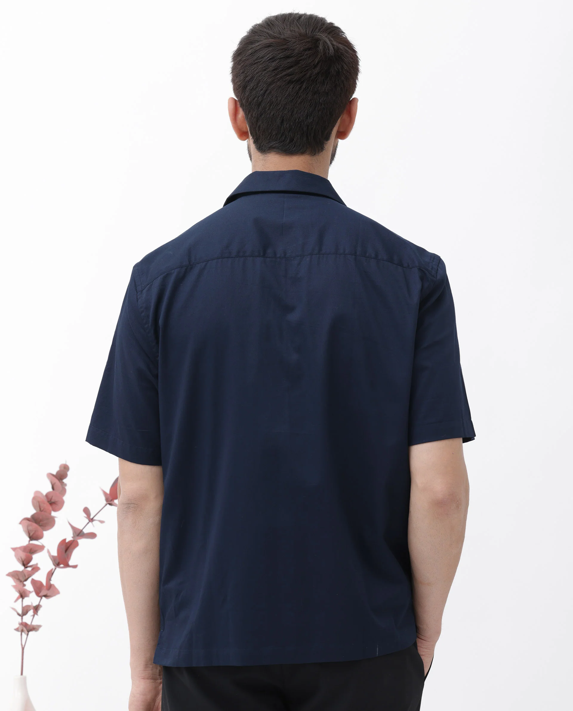 Rare Rabbit Men's Memop Ss Navy Tencel Plain Boxy Fit Half Sleeve Cuban Collar Shirt - Image 7