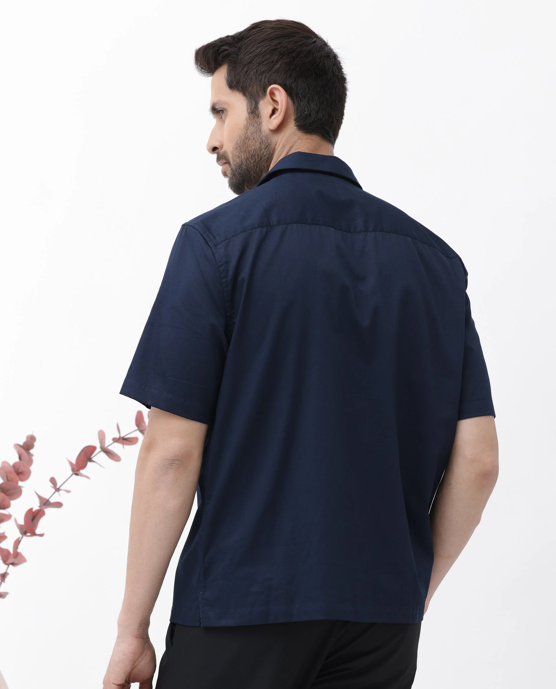 Rare Rabbit Men's Memop Ss Navy Tencel Plain Boxy Fit Half Sleeve Cuban Collar Shirt - Image 8