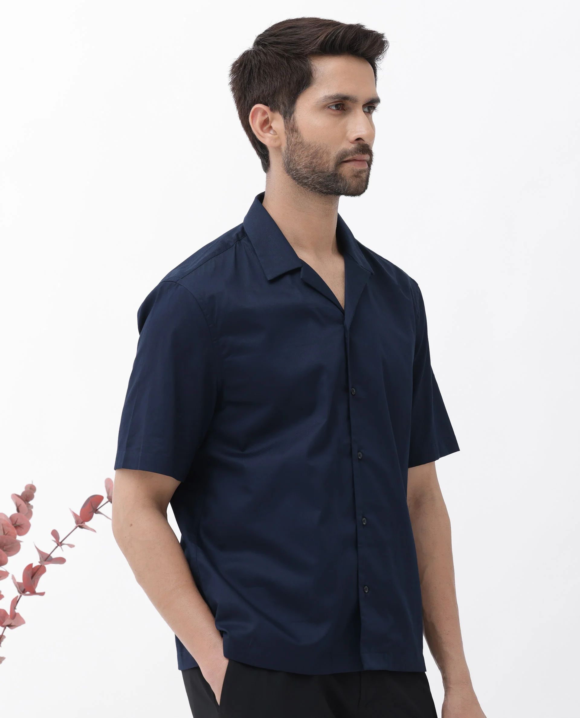 Rare Rabbit Men's Memop Ss Navy Tencel Plain Boxy Fit Half Sleeve Cuban Collar Shirt - Image 9