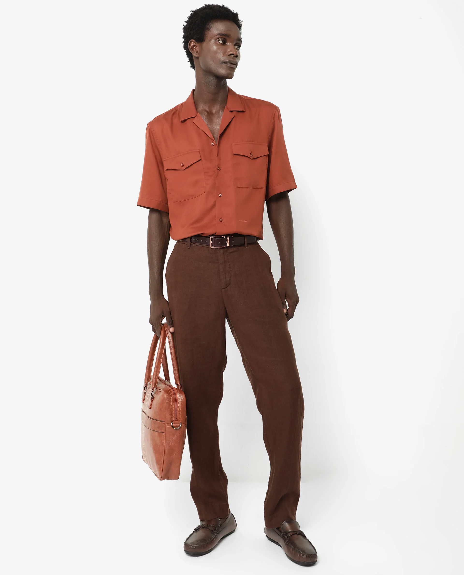 Rare Rabbit Men's Memop Ss Rust Tencel Plain Boxy Fit Half Sleeve Cuban Collar Shirt - Image 2