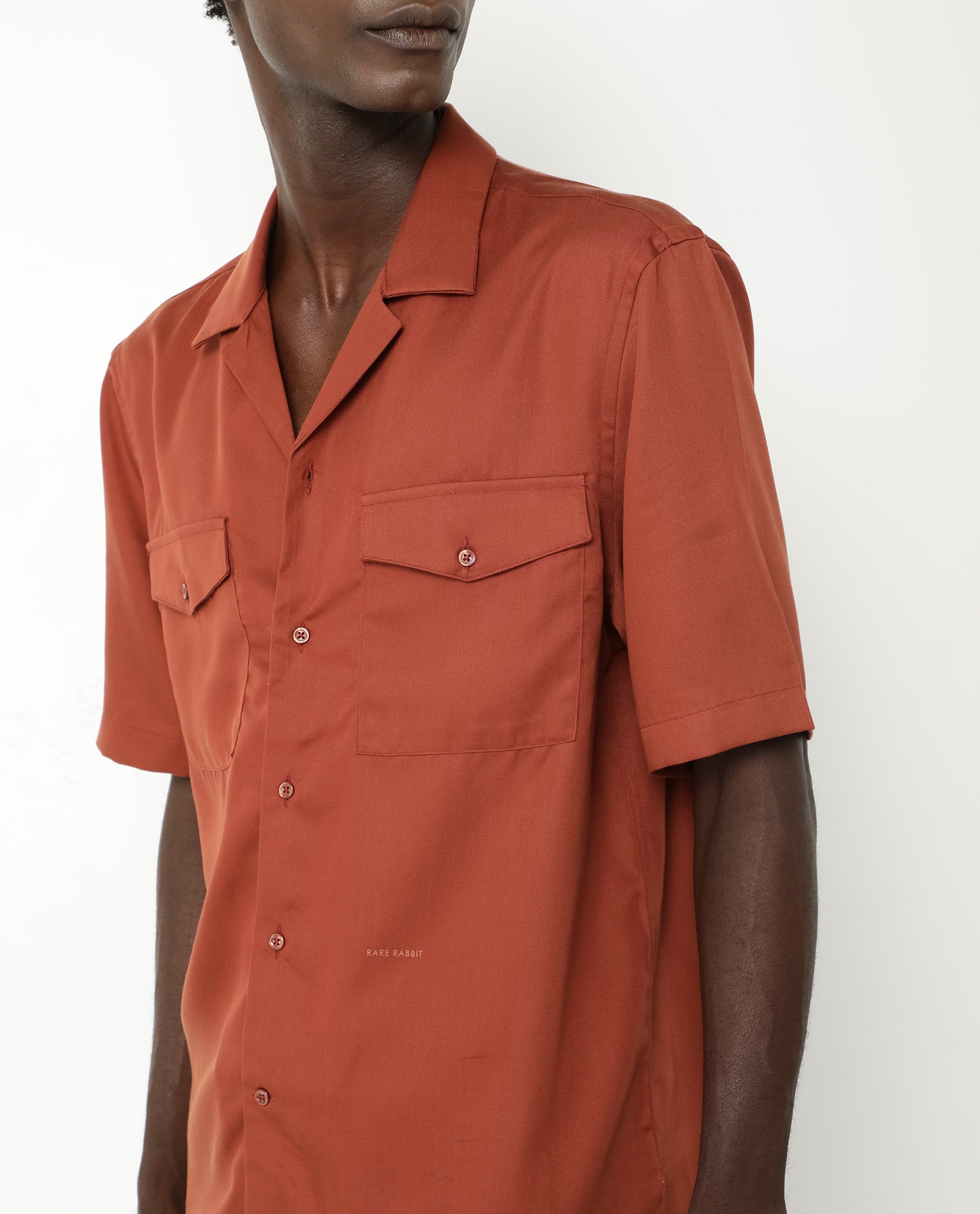 Rare Rabbit Men's Memop Ss Rust Tencel Plain Boxy Fit Half Sleeve Cuban Collar Shirt - Image 3