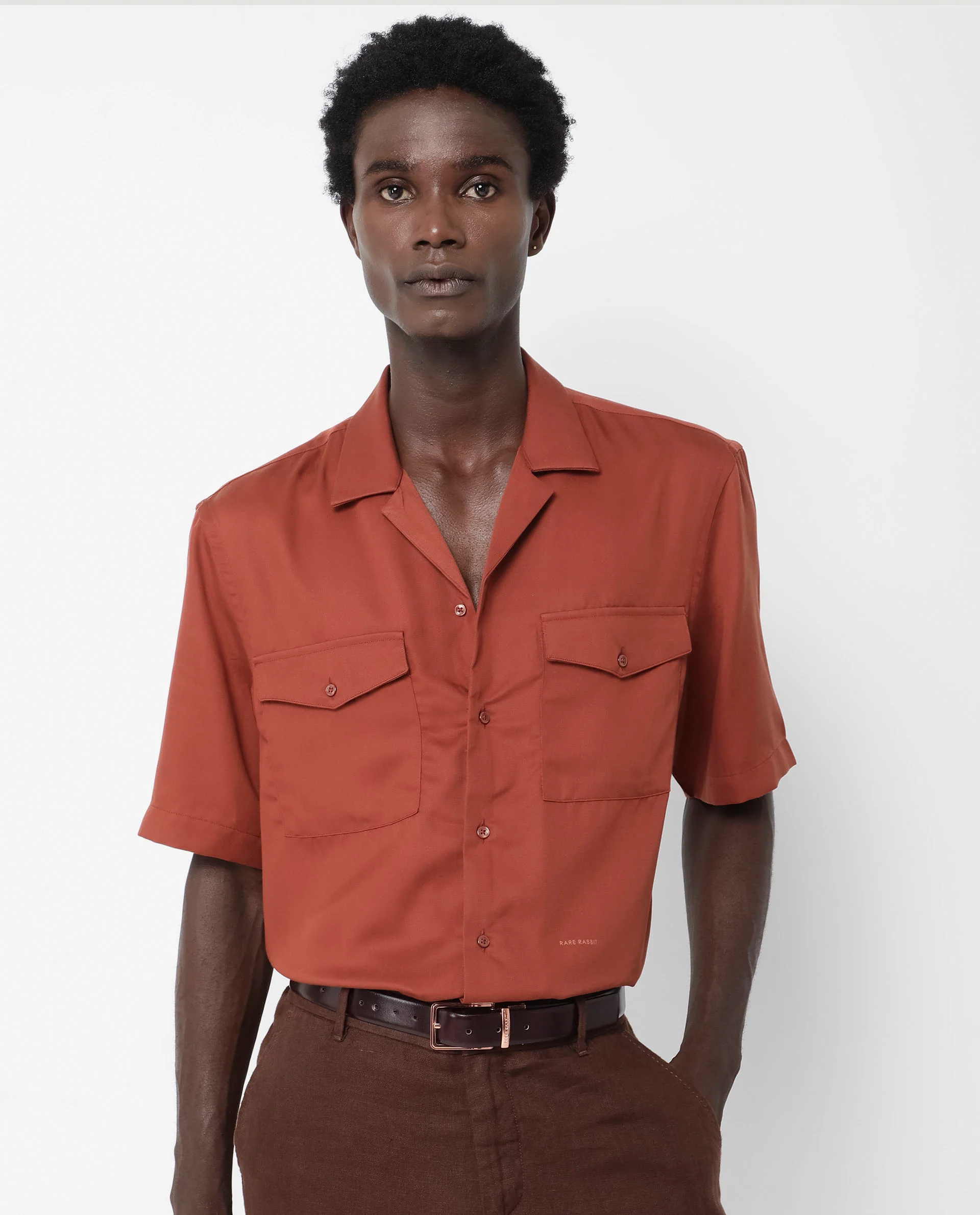 Rare Rabbit Men's Memop Ss Rust Tencel Plain Boxy Fit Half Sleeve Cuban Collar Shirt - Image 4