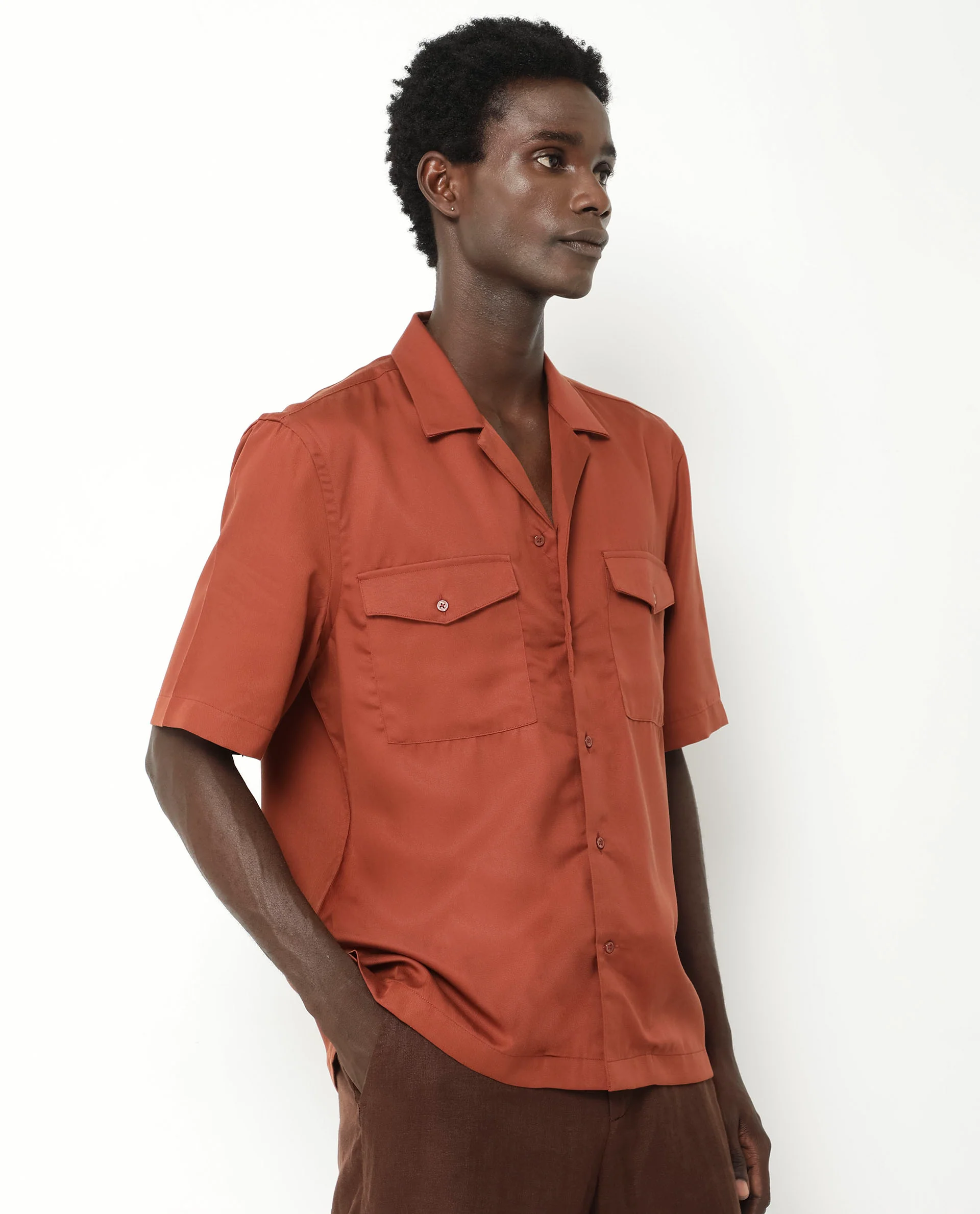 Rare Rabbit Men's Memop Ss Rust Tencel Plain Boxy Fit Half Sleeve Cuban Collar Shirt - Image 6