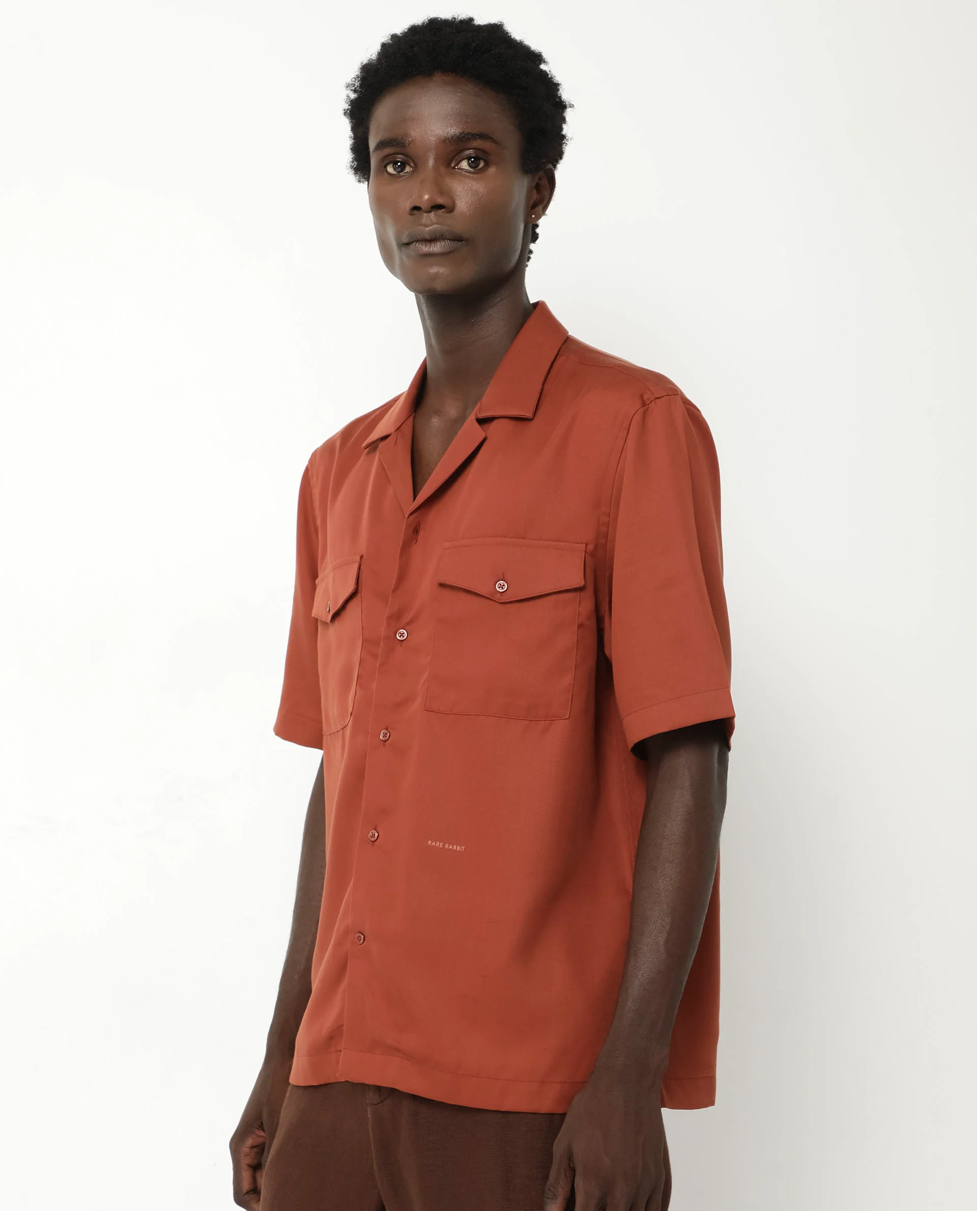 Rare Rabbit Men's Memop Ss Rust Tencel Plain Boxy Fit Half Sleeve Cuban Collar Shirt - Image 7
