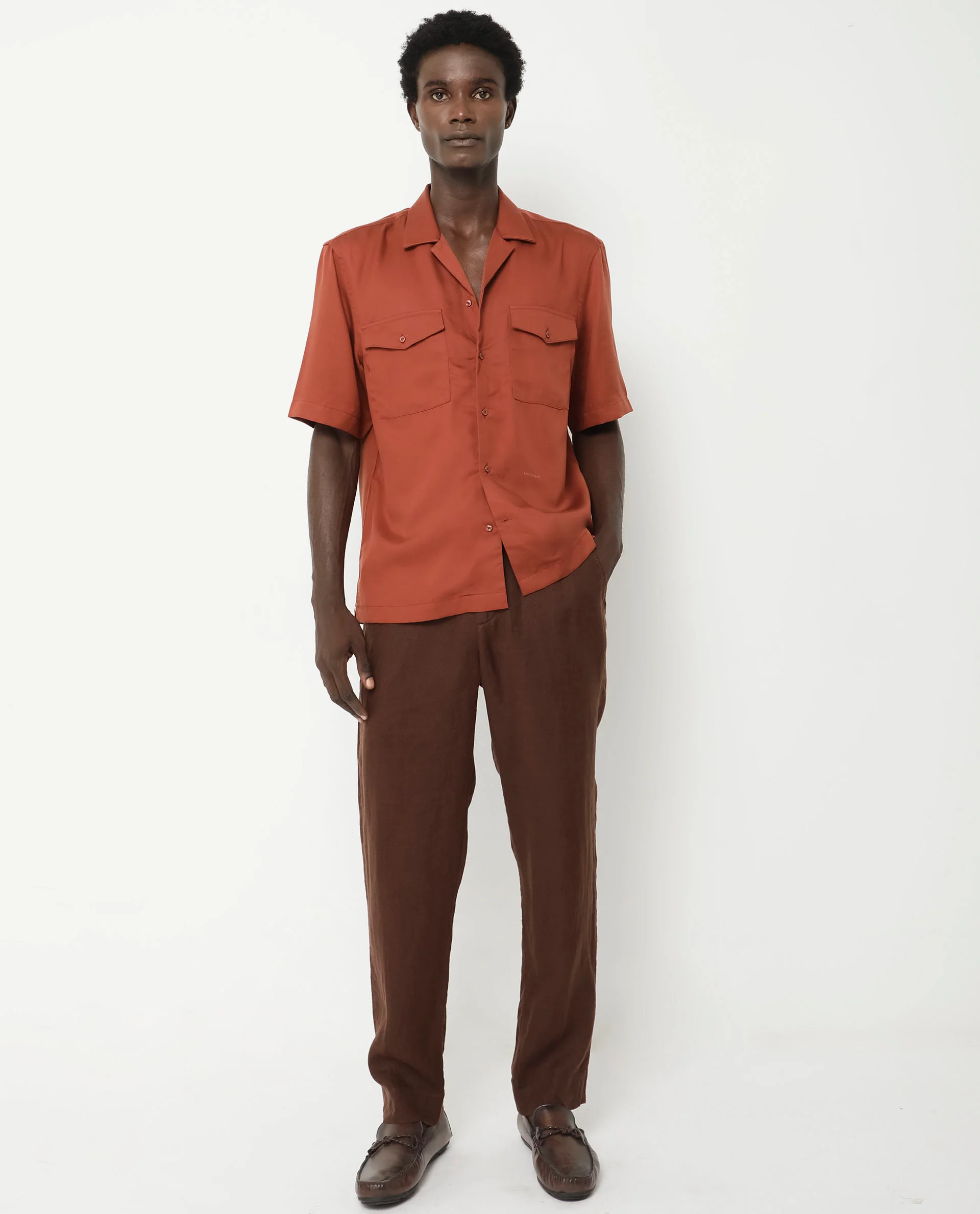 Rare Rabbit Men's Memop Ss Rust Tencel Plain Boxy Fit Half Sleeve Cuban Collar Shirt - Image 8