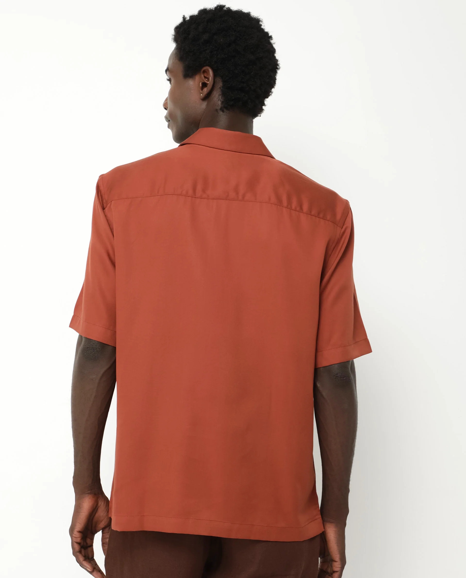 Rare Rabbit Men's Memop Ss Rust Tencel Plain Boxy Fit Half Sleeve Cuban Collar Shirt - Image 9