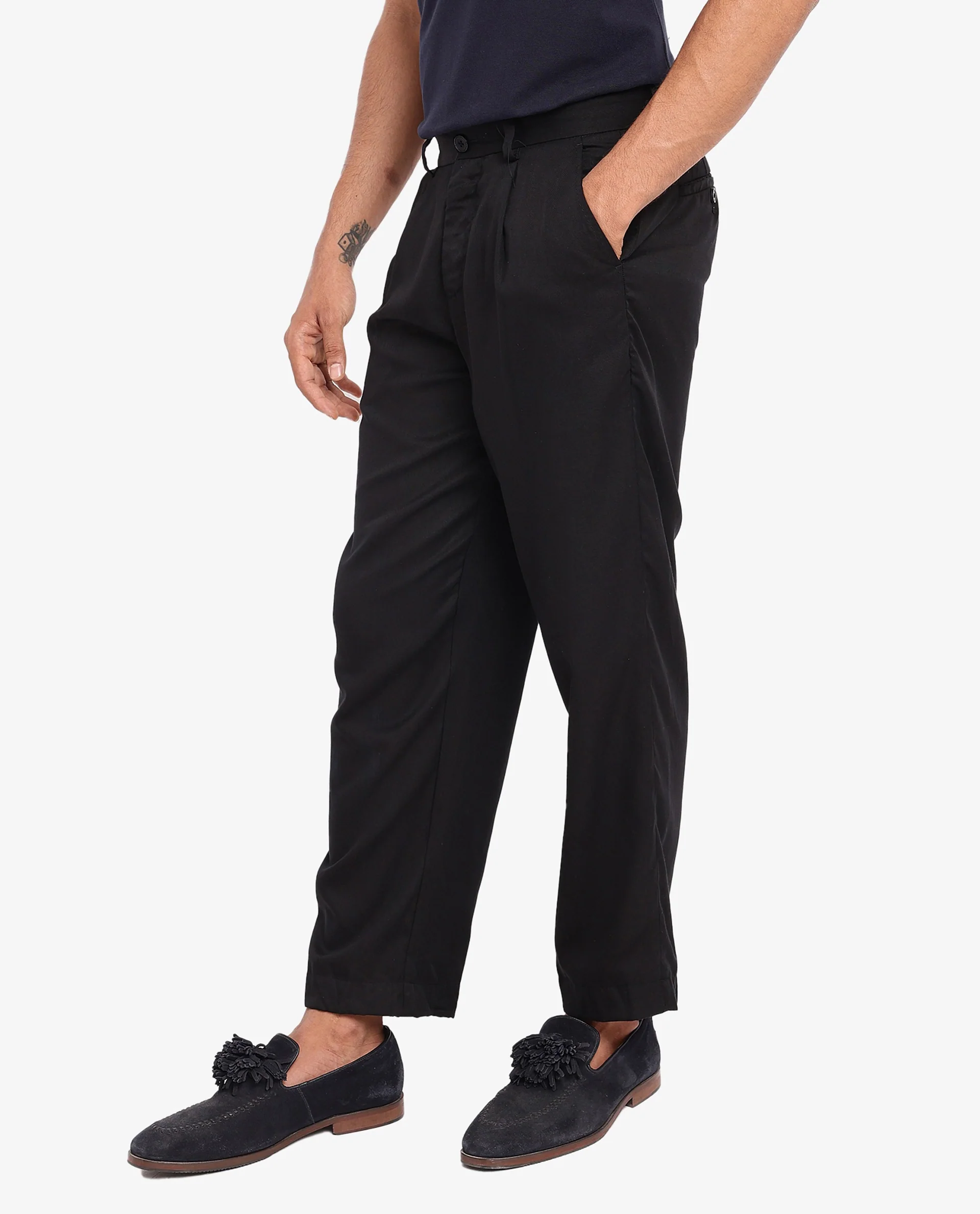 Rare Rabbit Men's Memos Black Tencel Plain Regular Fit Trouser - Image 6
