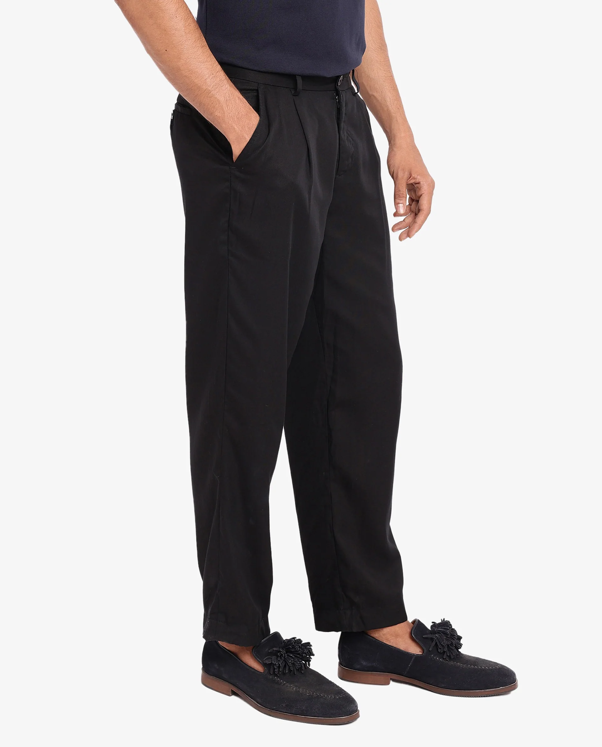 Rare Rabbit Men's Memos Black Tencel Plain Regular Fit Trouser - Image 7