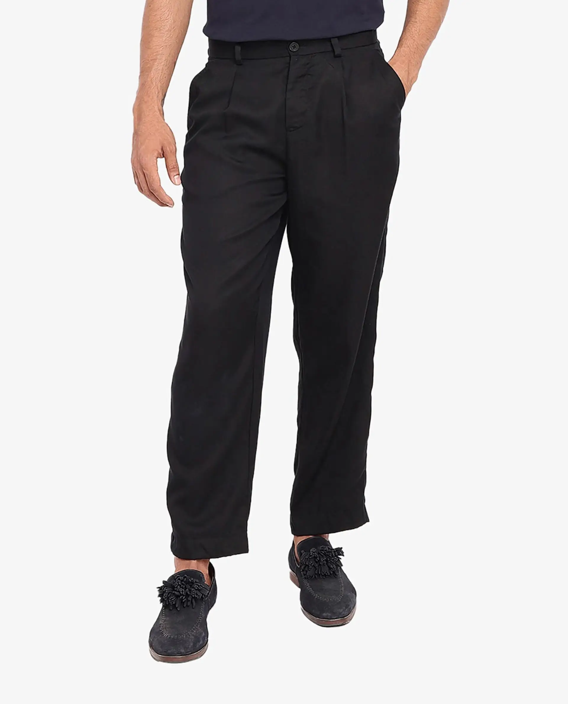 Rare Rabbit Men's Memos Black Tencel Plain Regular Fit Trouser - Image 9