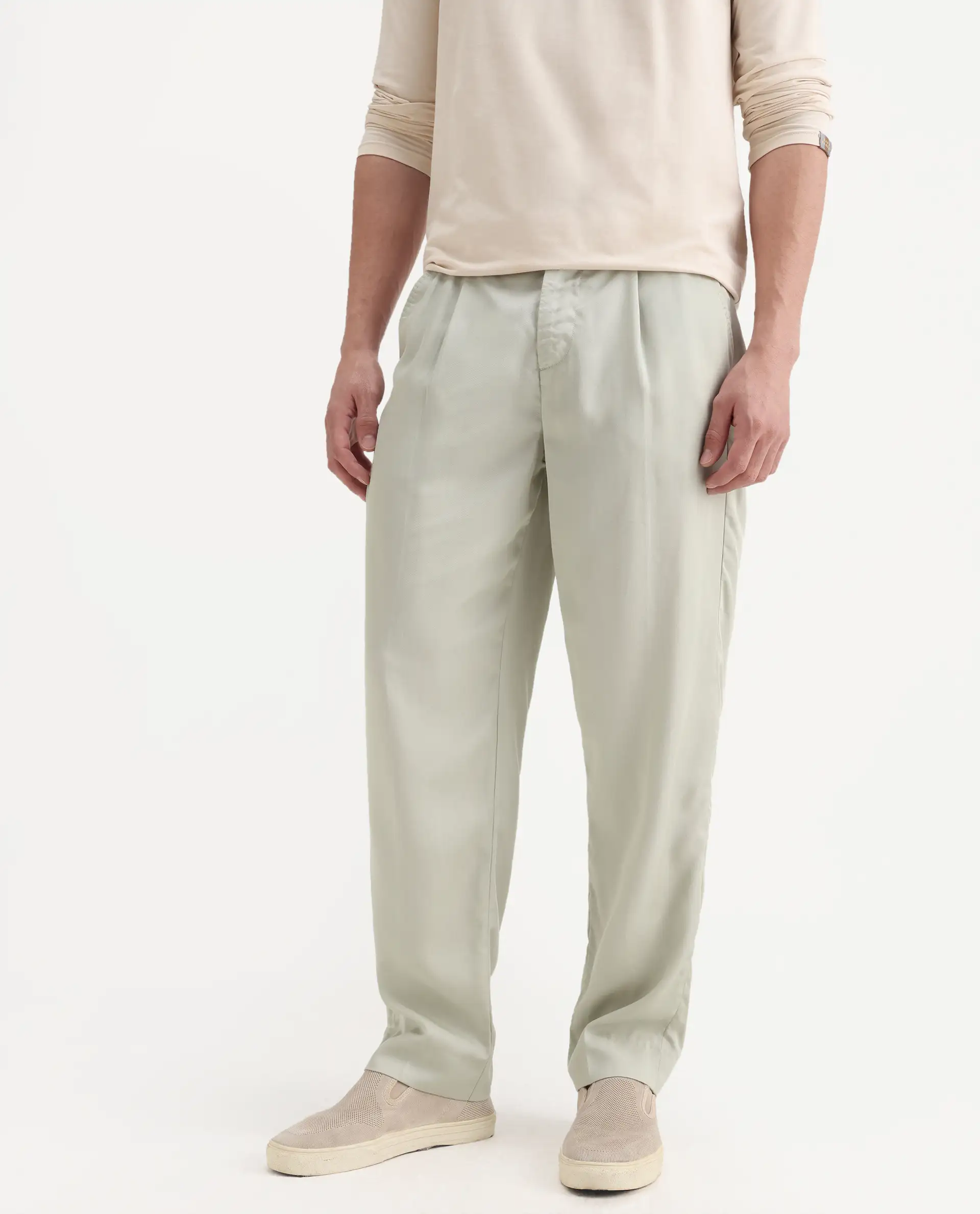 Rare Rabbit Men's Memos Light Green Tencel Plain Regular Fit Trouser - Image 2