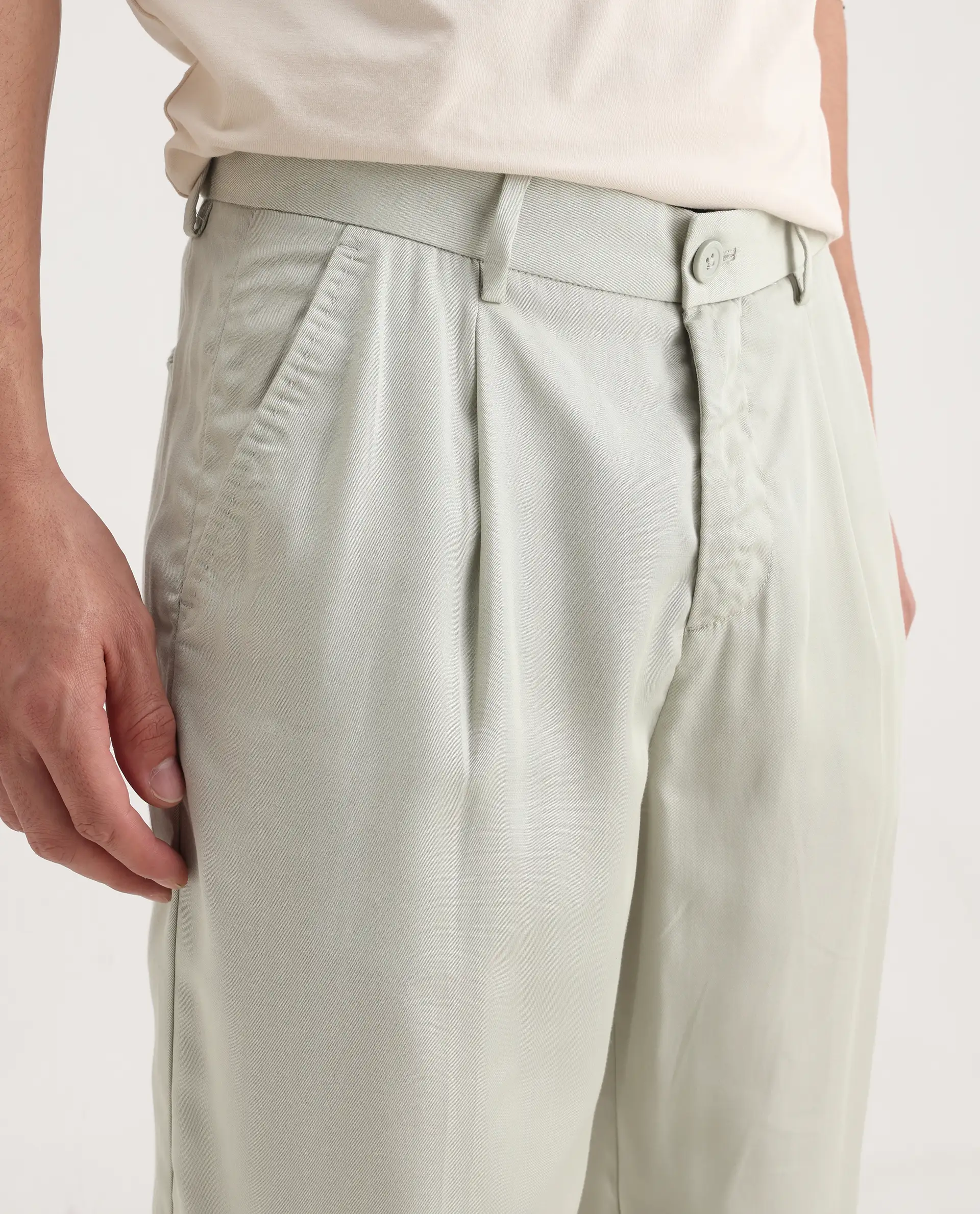 Rare Rabbit Men's Memos Light Green Tencel Plain Regular Fit Trouser - Image 3