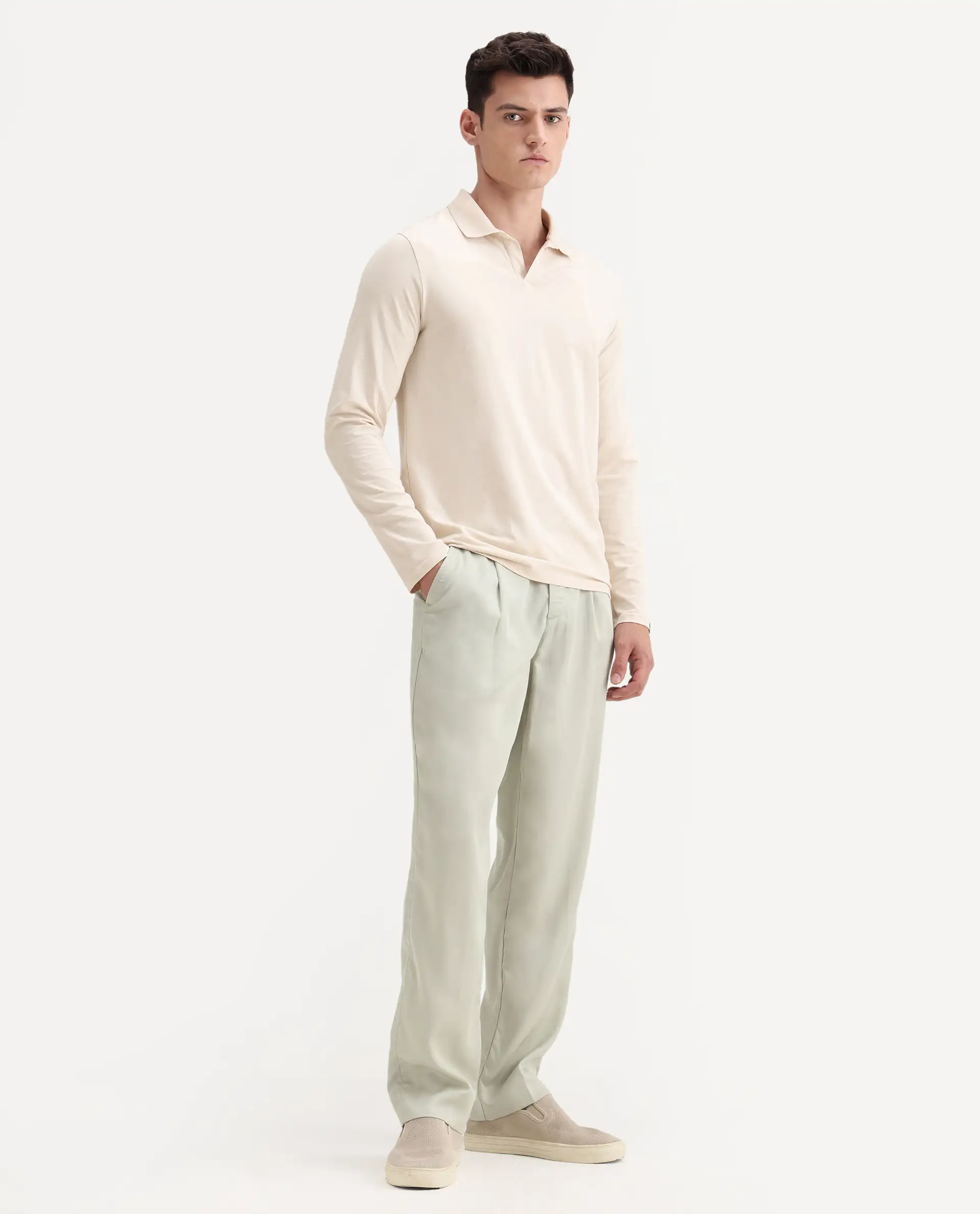 Rare Rabbit Men's Memos Light Green Tencel Plain Regular Fit Trouser - Image 5
