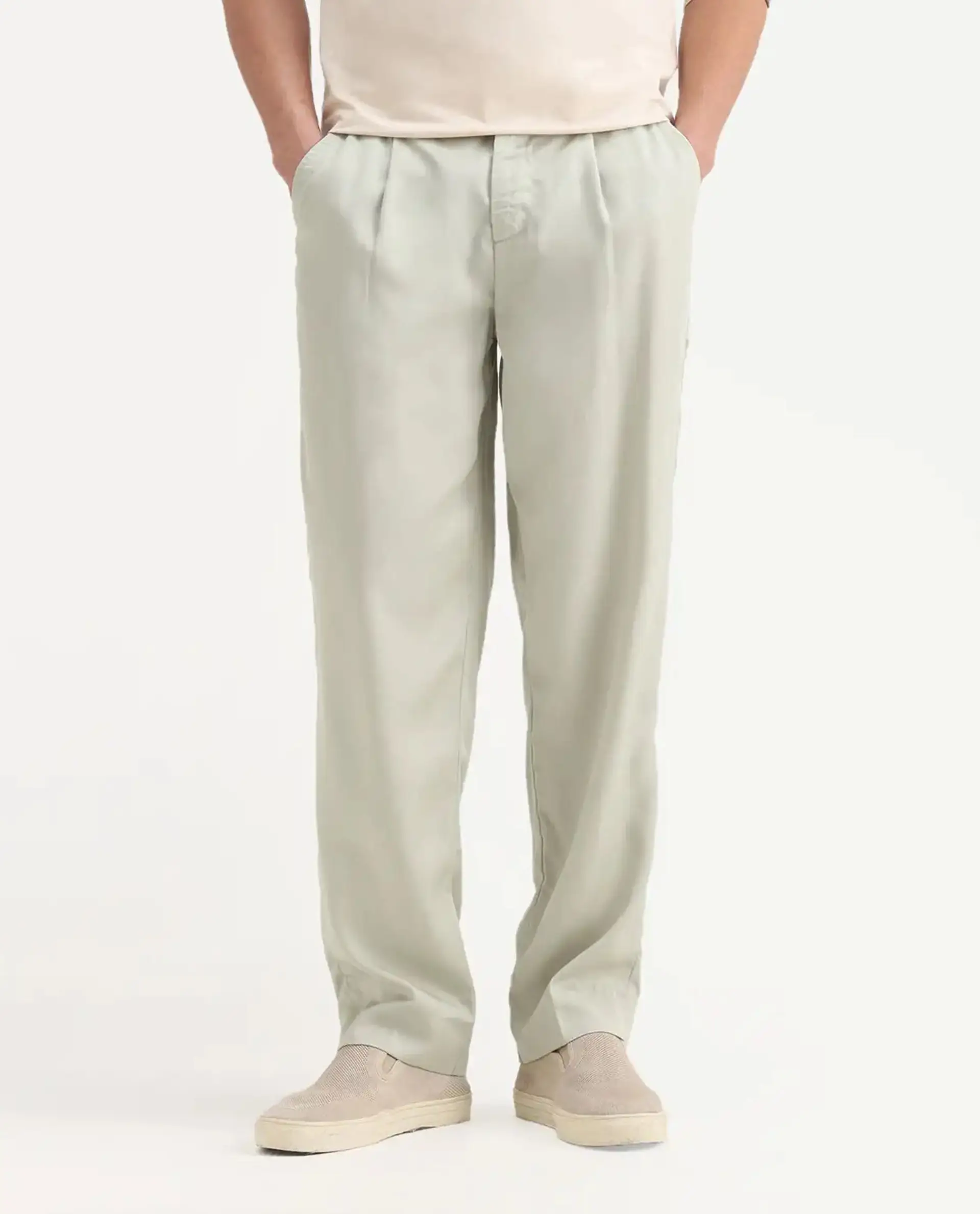 Rare Rabbit Men's Memos Light Green Tencel Plain Regular Fit Trouser - Image 9