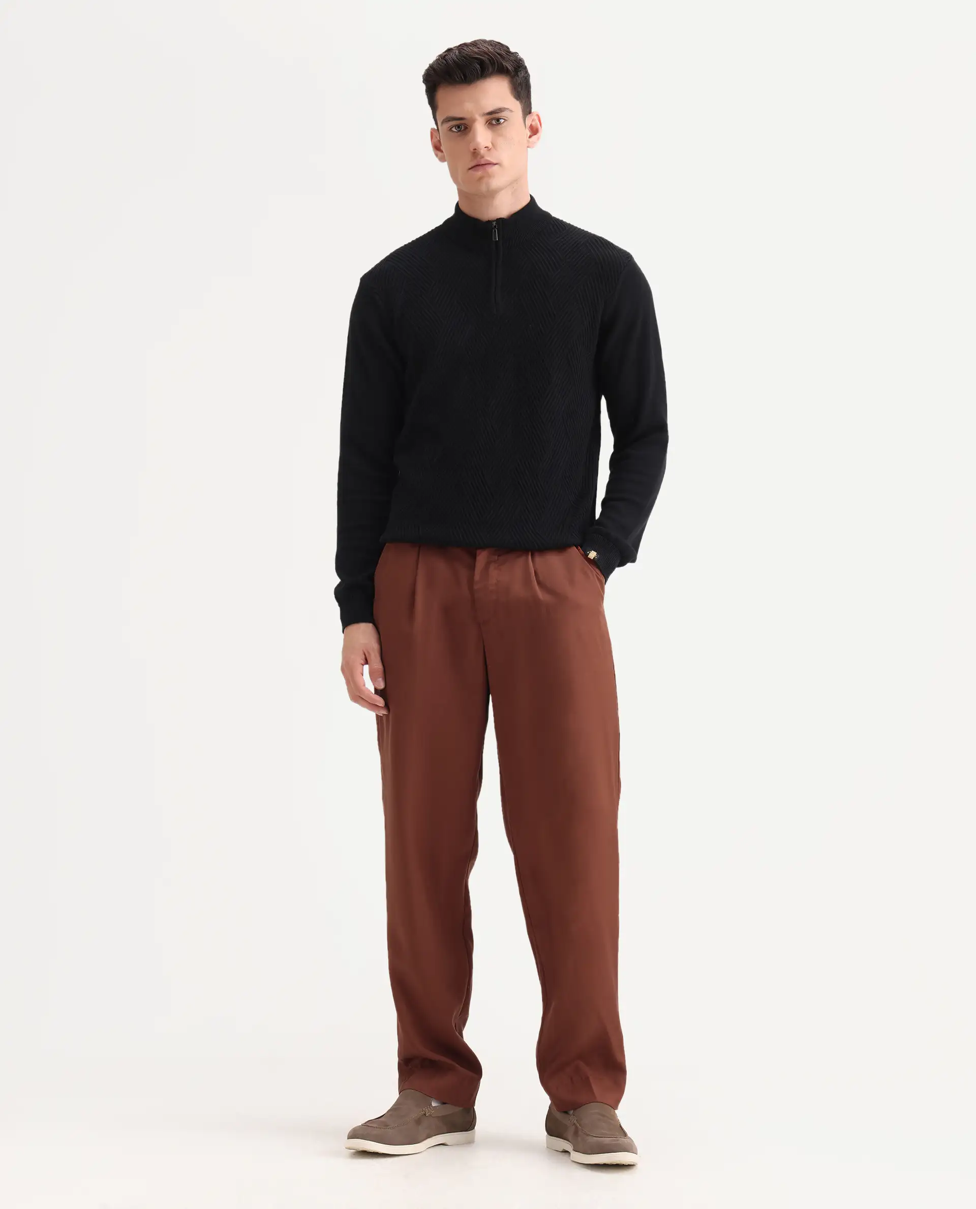 Rare Rabbit Men's Memos Rust Tencel Plain Regular Fit Trouser - Image 2