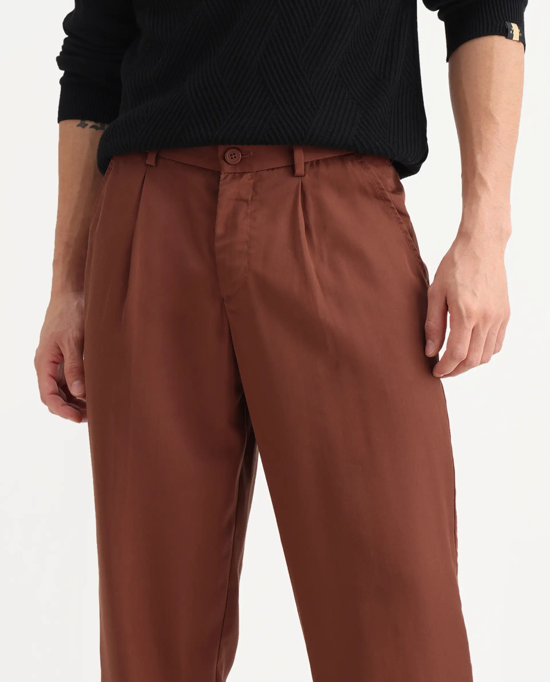 Rare Rabbit Men's Memos Rust Tencel Plain Regular Fit Trouser - Image 3