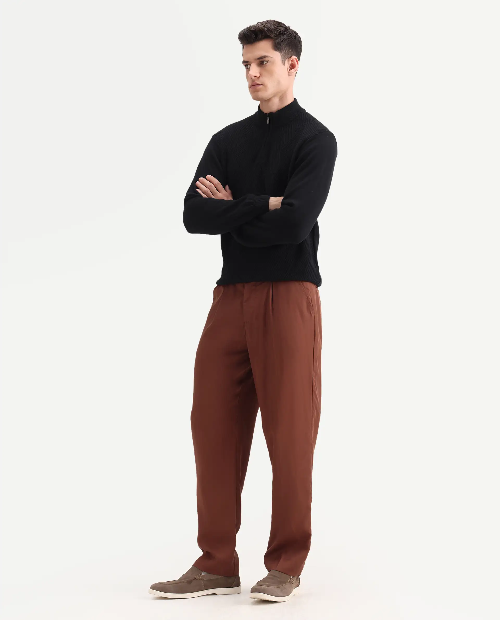 Rare Rabbit Men's Memos Rust Tencel Plain Regular Fit Trouser - Image 4