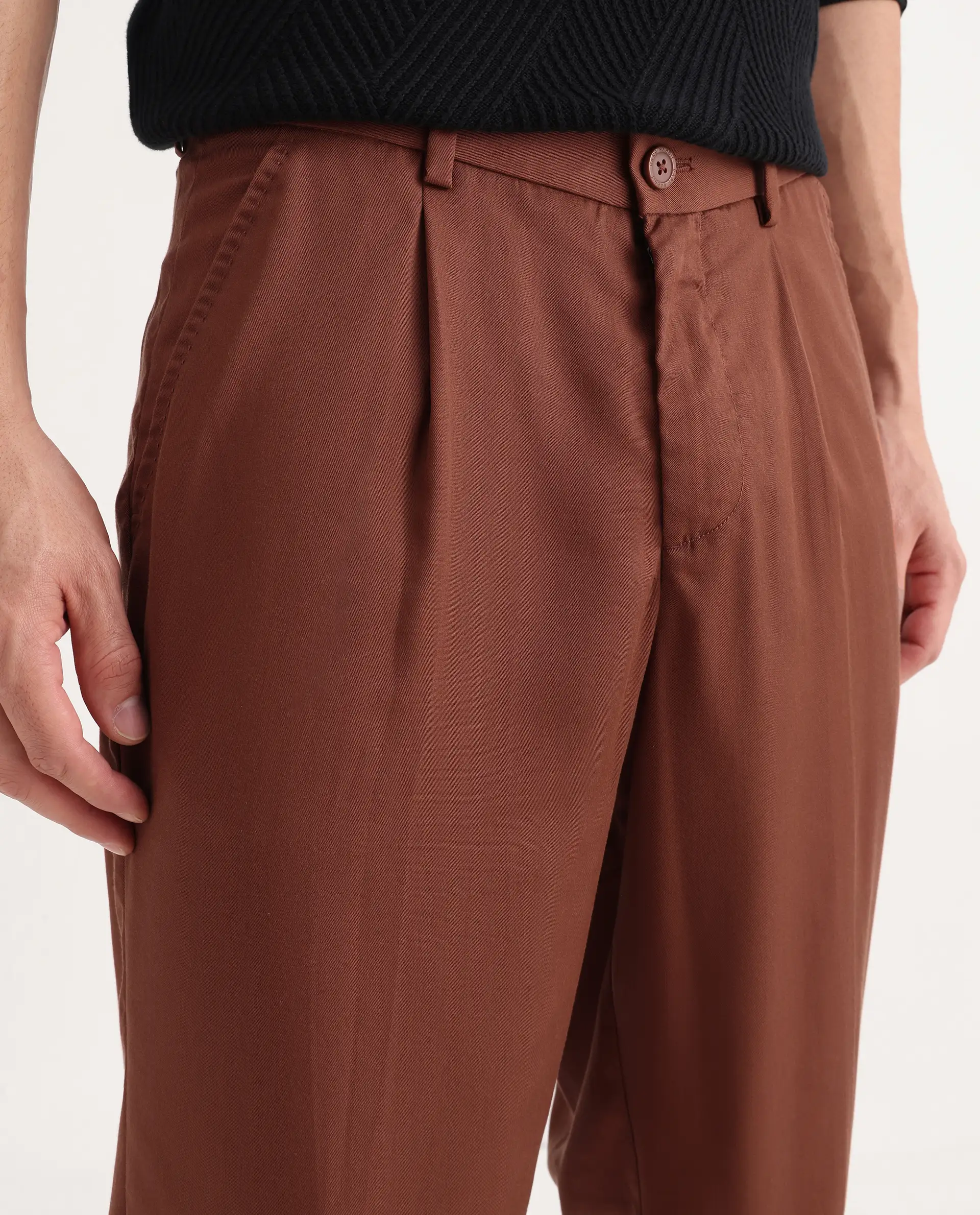 Rare Rabbit Men's Memos Rust Tencel Plain Regular Fit Trouser - Image 5