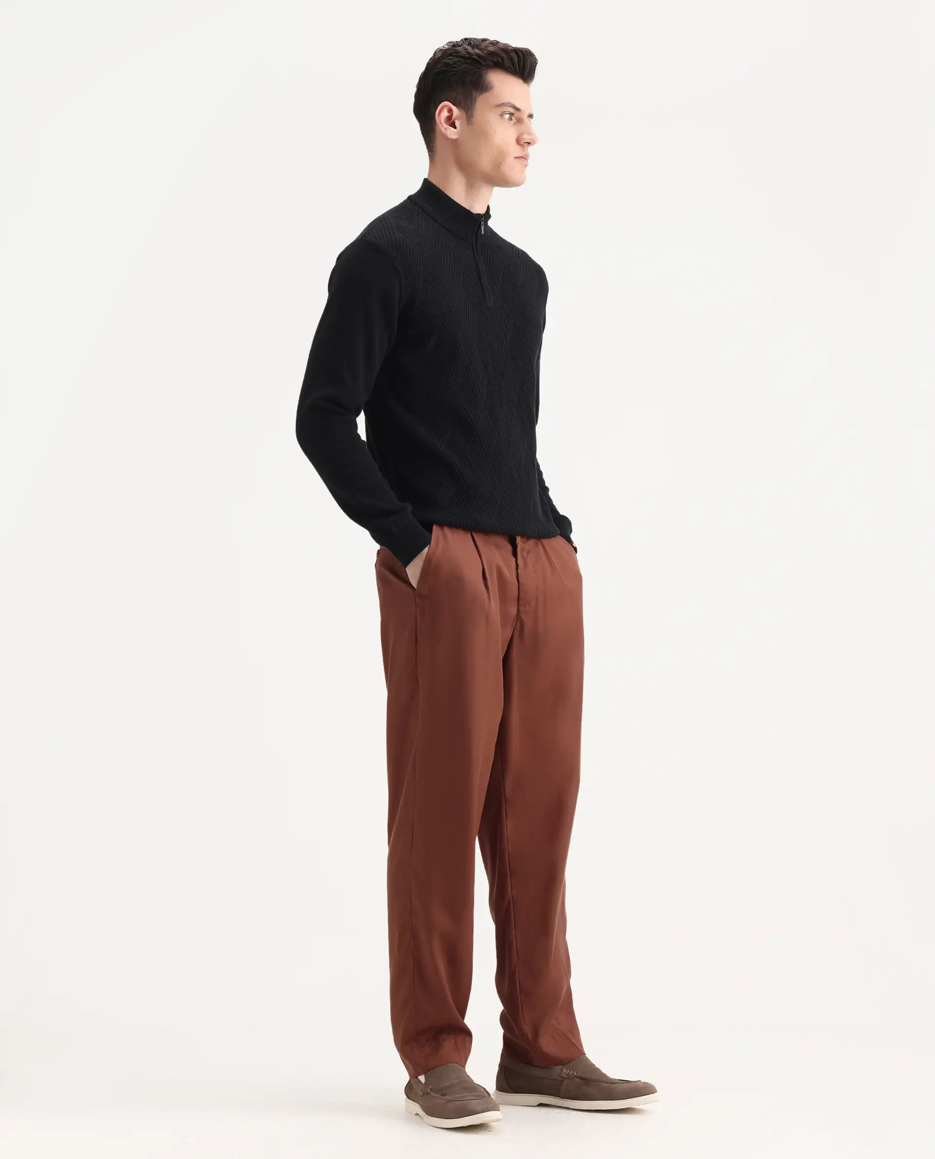 Rare Rabbit Men's Memos Rust Tencel Plain Regular Fit Trouser - Image 6