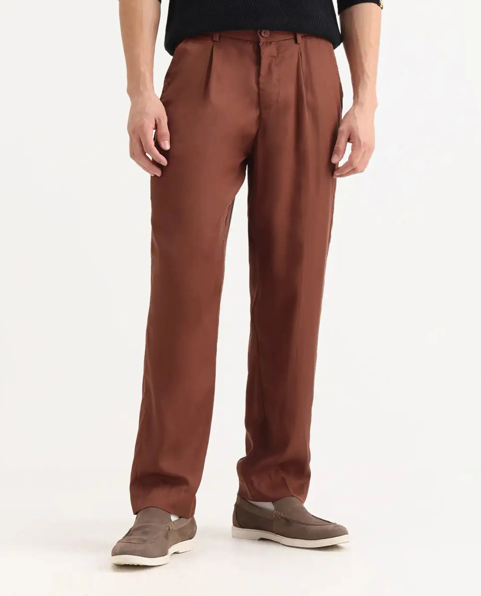 Rare Rabbit Men's Memos Rust Tencel Plain Regular Fit Trouser - Image 9