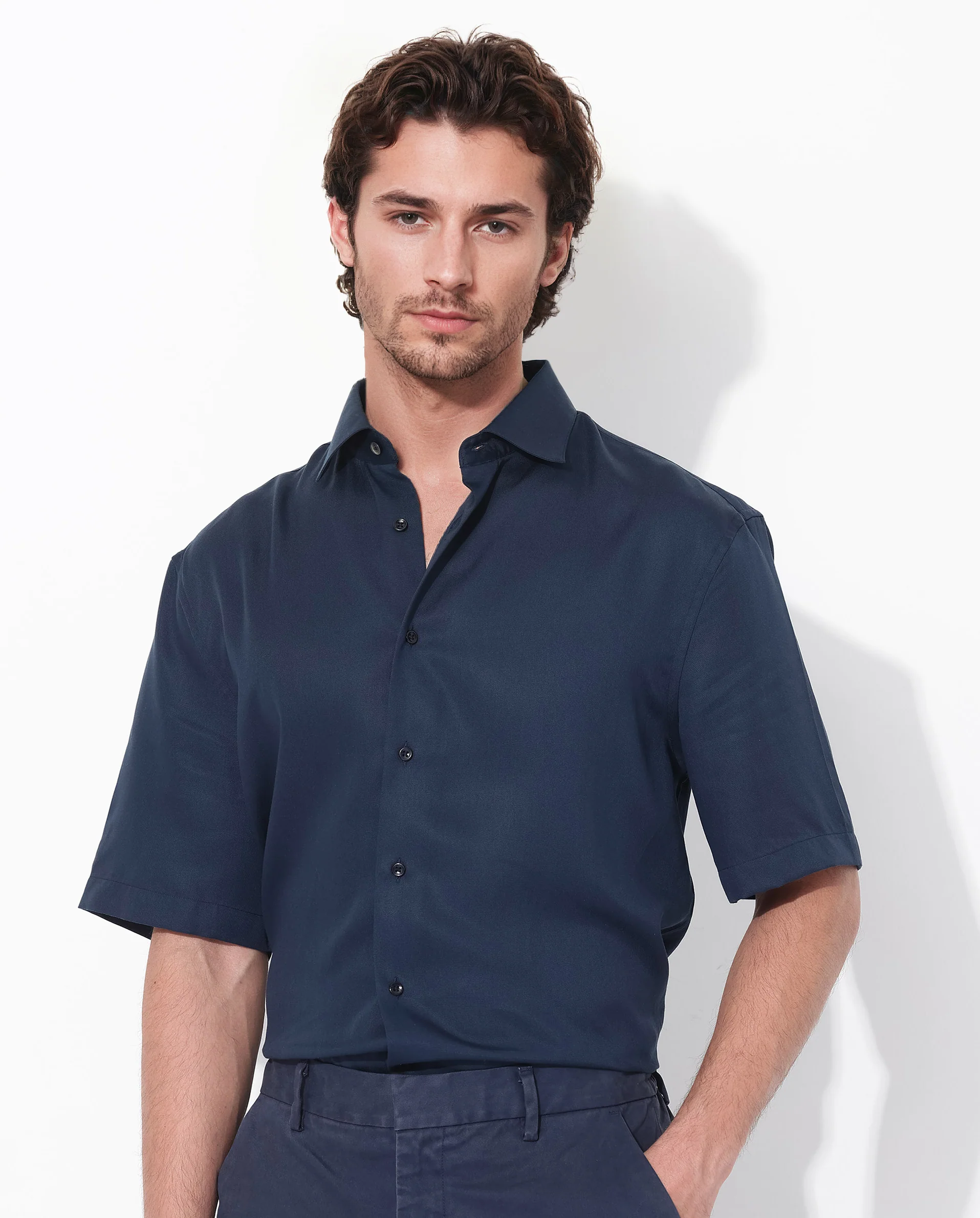 Rare Rabbit Men's Memo Ss Navy Tencel Plain Boxy Fit Half Sleeve Collared Shirt - Image 4
