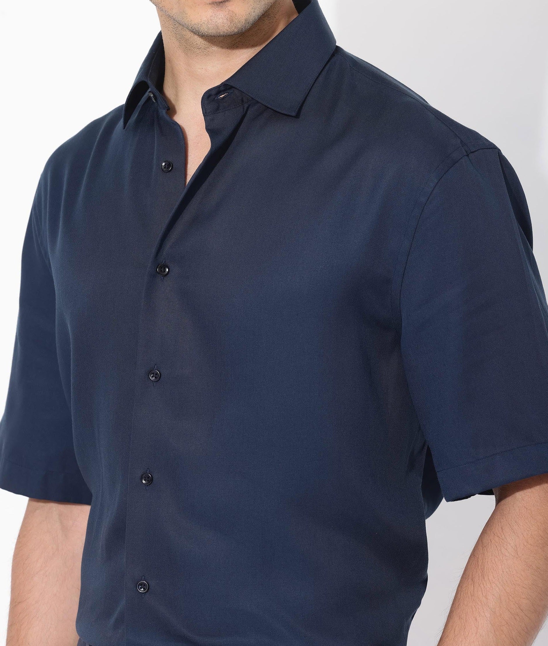 Rare Rabbit Men's Memo Ss Navy Tencel Plain Boxy Fit Half Sleeve Collared Shirt - Image 5