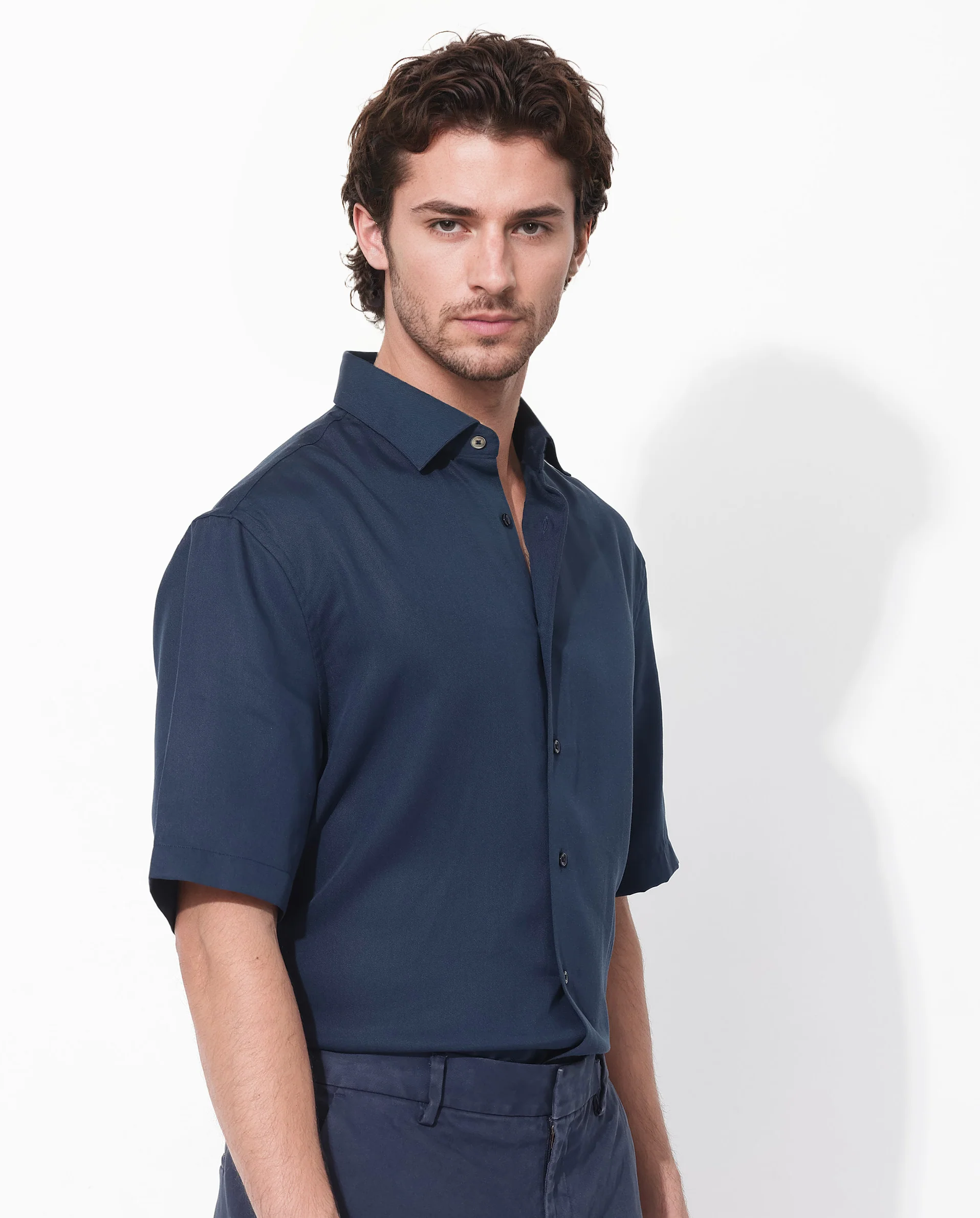 Rare Rabbit Men's Memo Ss Navy Tencel Plain Boxy Fit Half Sleeve Collared Shirt - Image 6