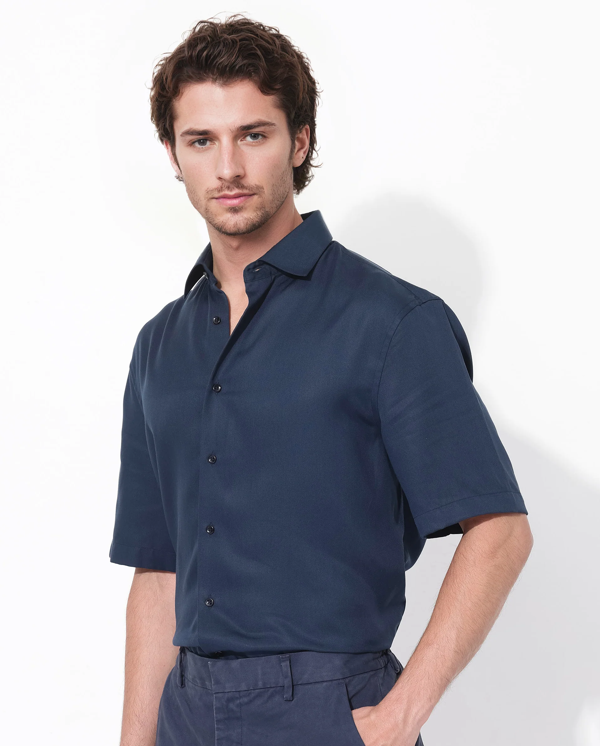 Rare Rabbit Men's Memo Ss Navy Tencel Plain Boxy Fit Half Sleeve Collared Shirt - Image 7