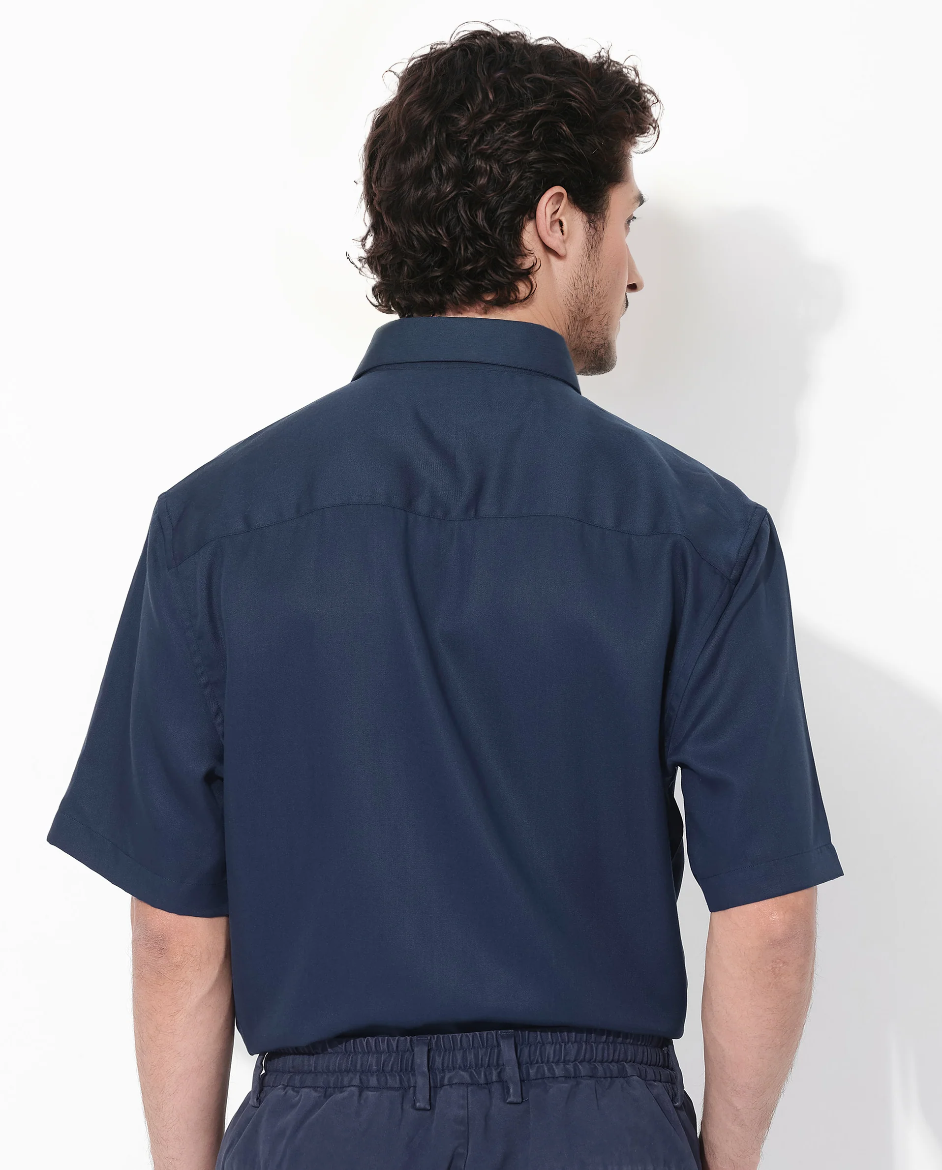 Rare Rabbit Men's Memo Ss Navy Tencel Plain Boxy Fit Half Sleeve Collared Shirt - Image 8