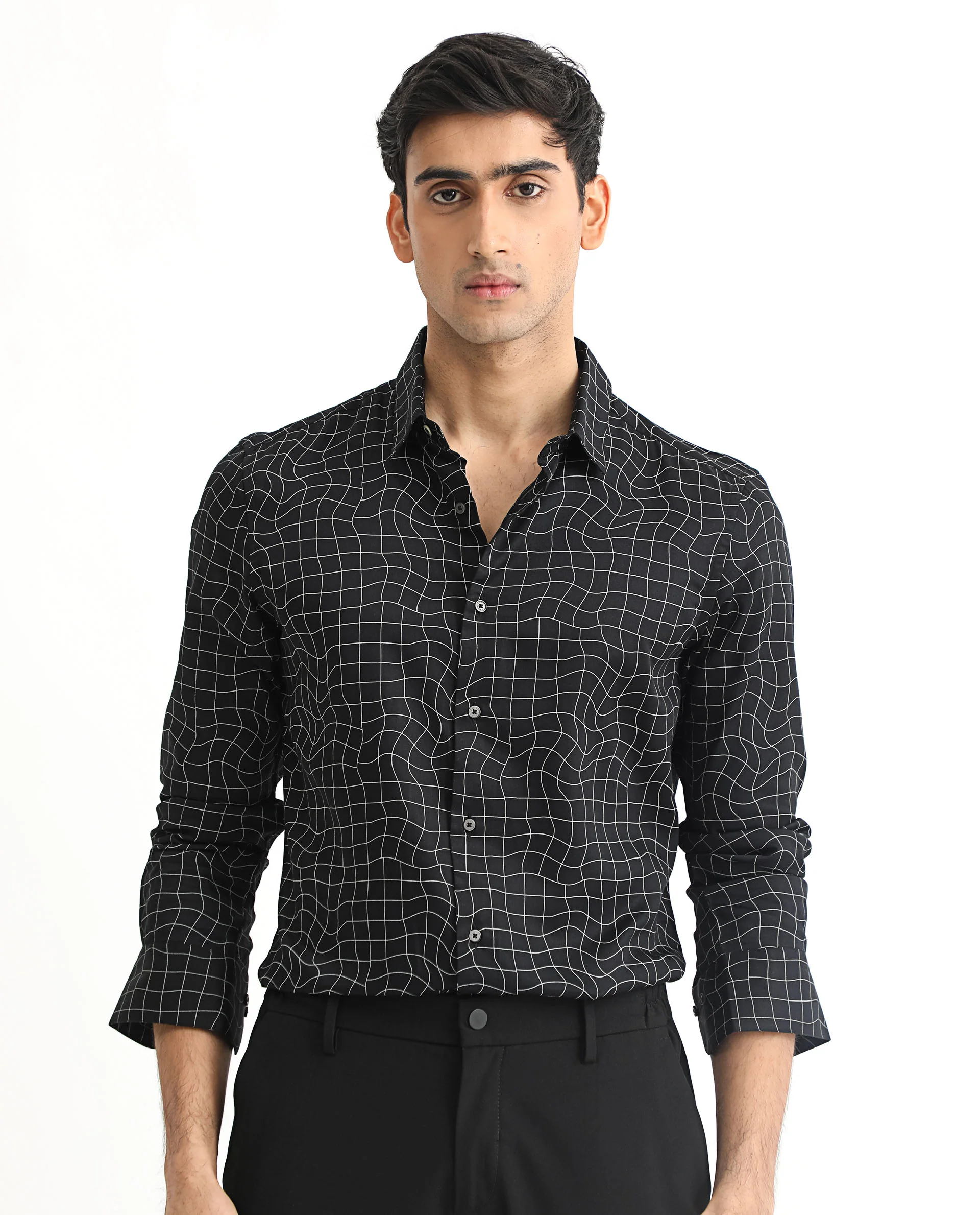 Rare Rabbit Men's Memphis Black Modal Checked Print Regular Fit Full Sleeve Collared Shirt