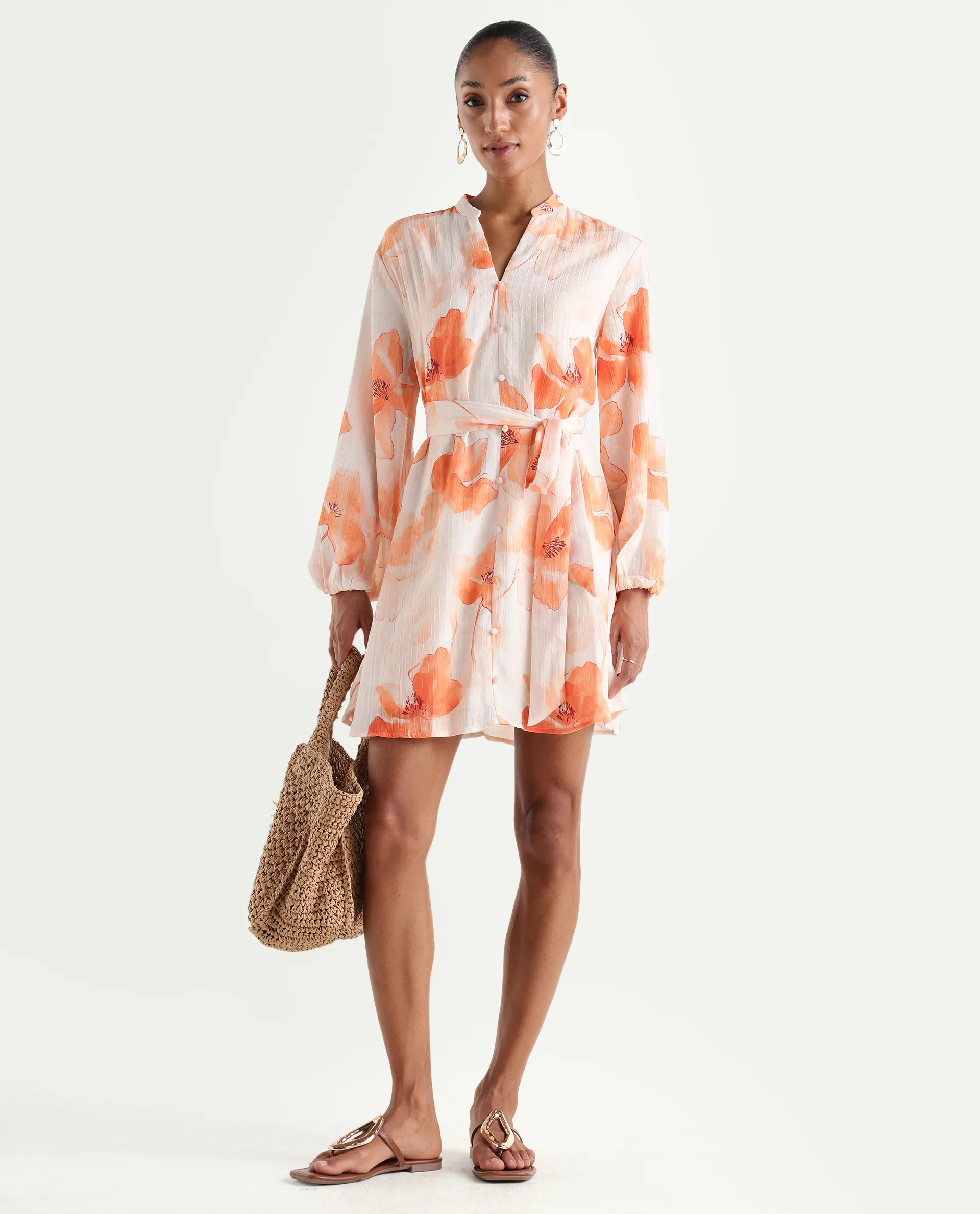 Rareism Women's Memti Light Multi Polyester Full Sleeve Mandarin Collar A-Line Floral Print Dress - Image 2