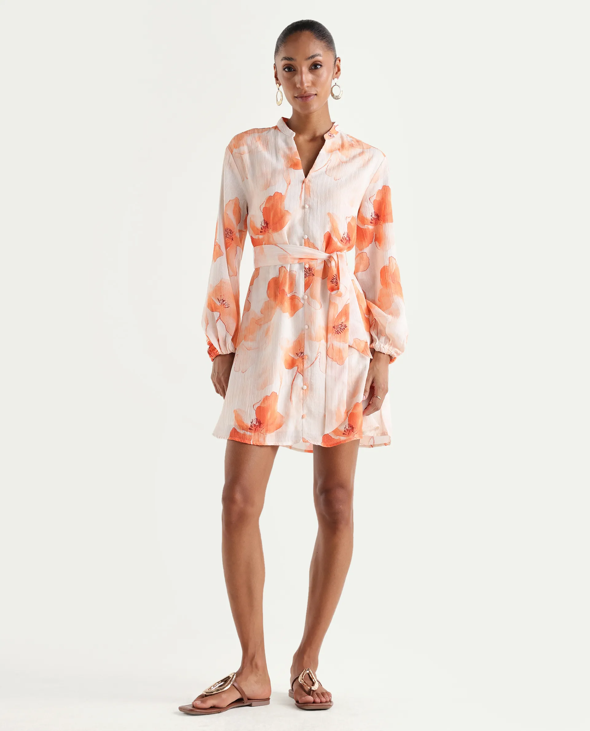 Rareism Women's Memti Light Multi Polyester Full Sleeve Mandarin Collar A-Line Floral Print Dress - Image 3