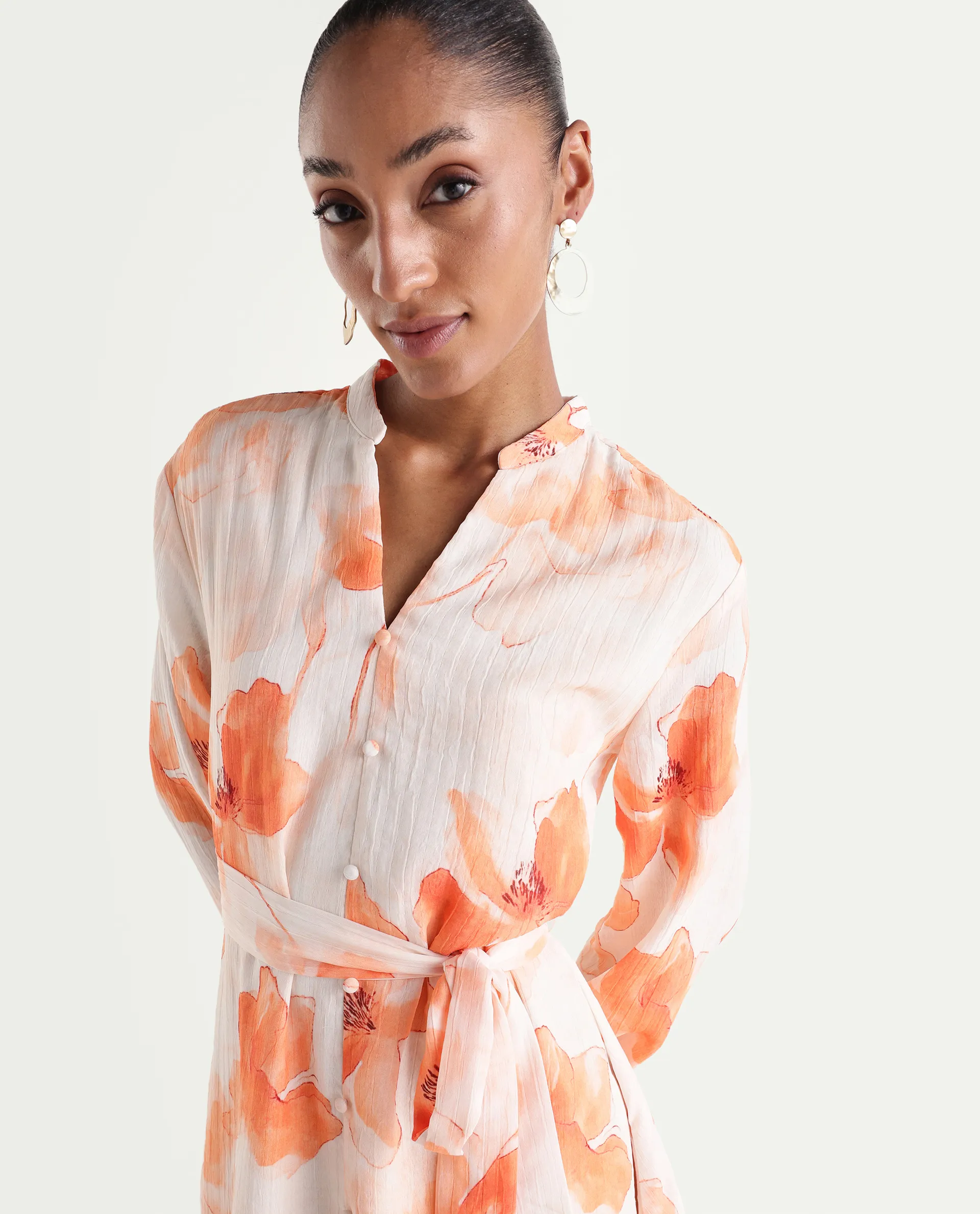 Rareism Women's Memti Light Multi Polyester Full Sleeve Mandarin Collar A-Line Floral Print Dress - Image 4