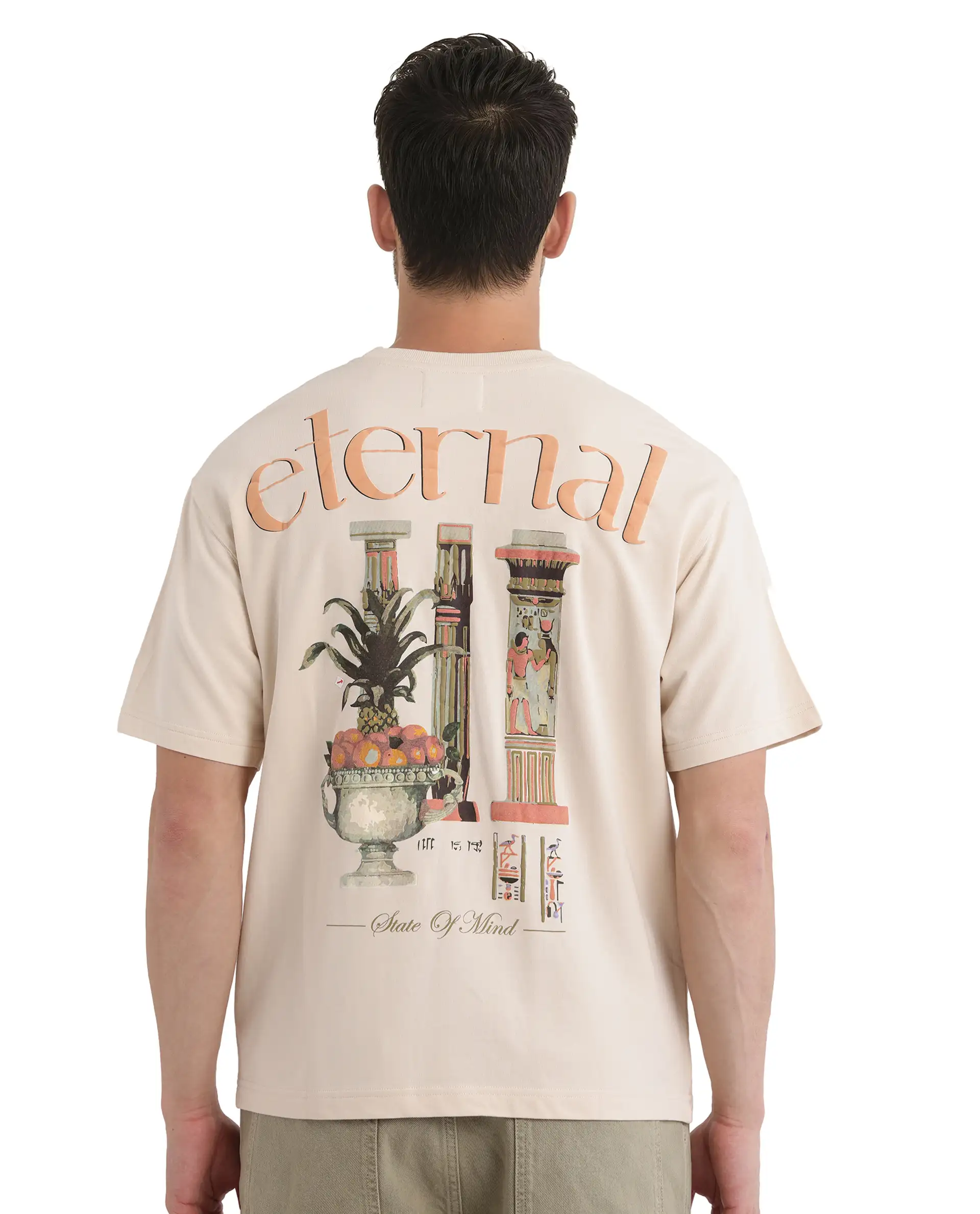 Rare Rabbit Men's Mend Beige Cotton Graphic Print Oversized Fit Half Sleeve Crew Neck T-Shirt - Image 2