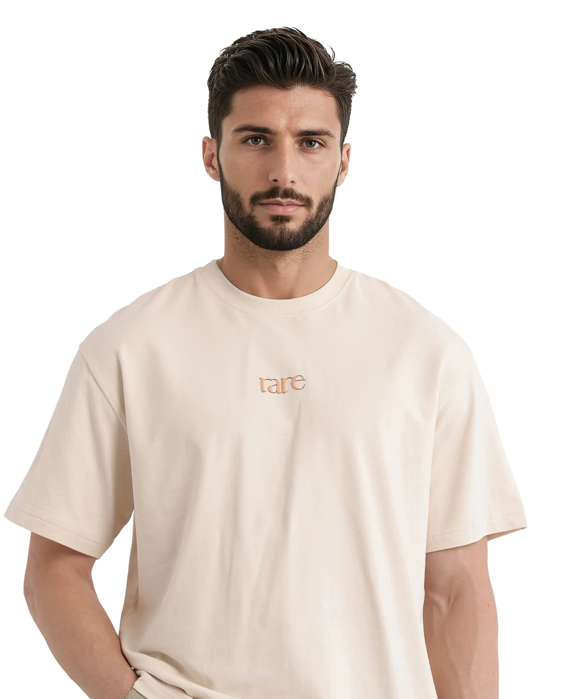 Rare Rabbit Men's Mend Beige Cotton Graphic Print Oversized Fit Half Sleeve Crew Neck T-Shirt - Image 3