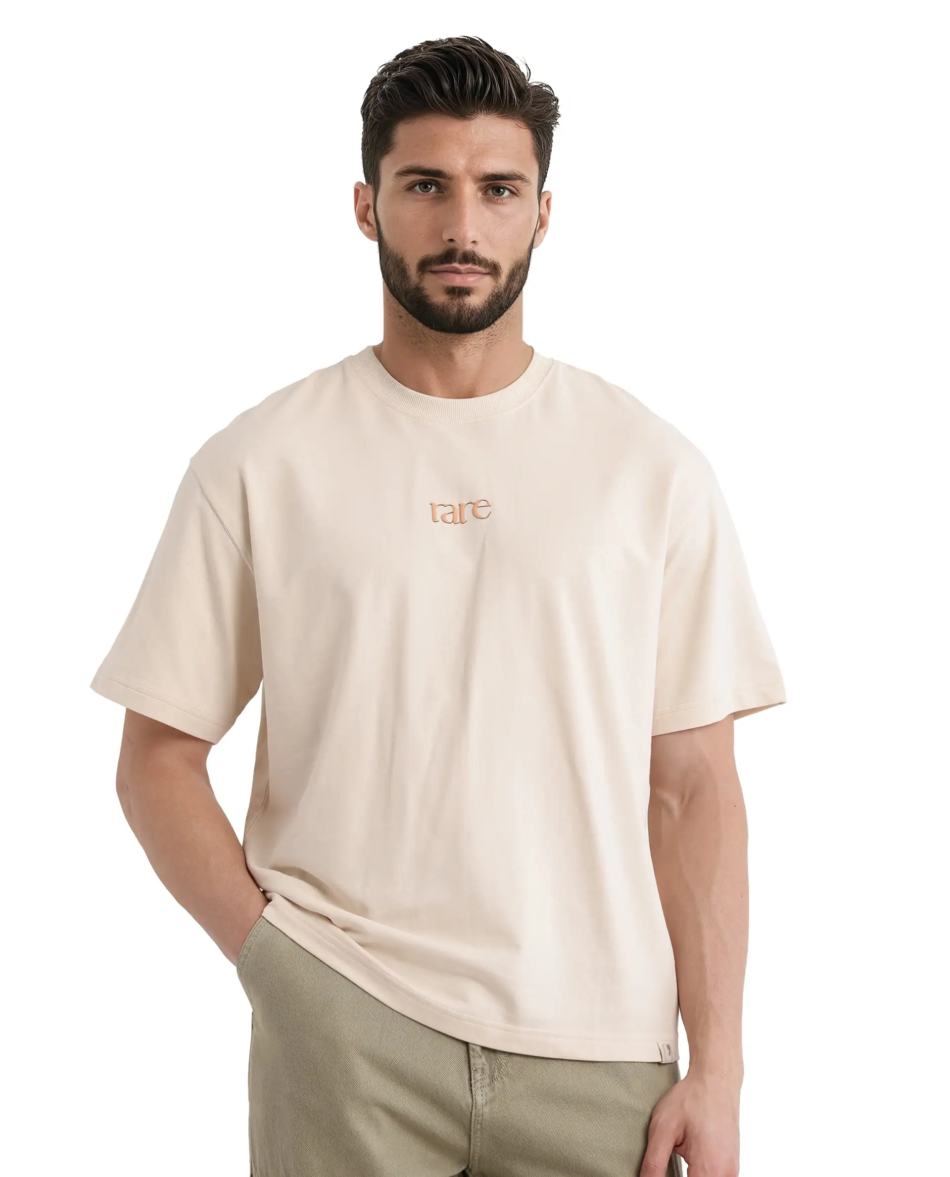 Rare Rabbit Men's Mend Beige Cotton Graphic Print Oversized Fit Half Sleeve Crew Neck T-Shirt - Image 4