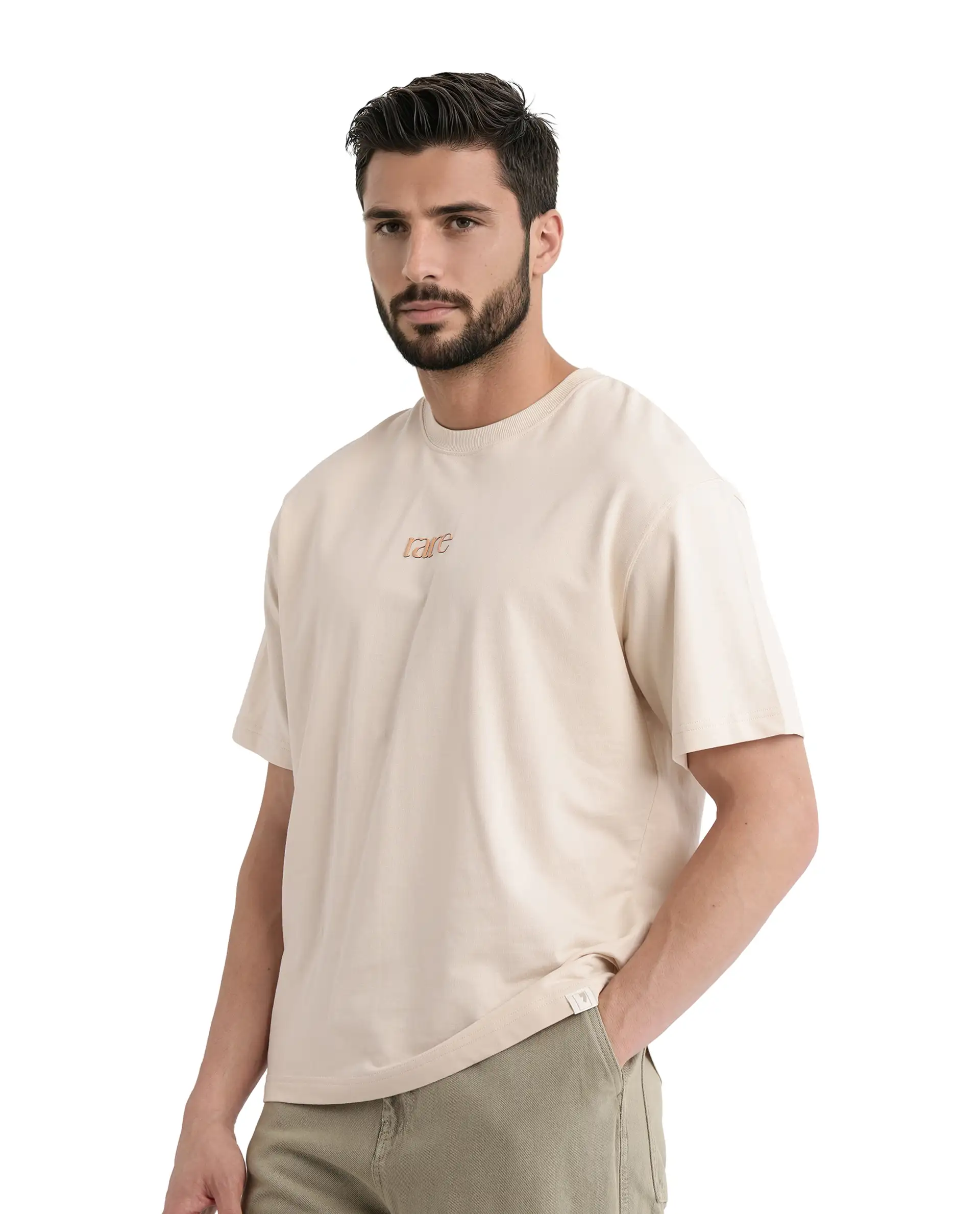 Rare Rabbit Men's Mend Beige Cotton Graphic Print Oversized Fit Half Sleeve Crew Neck T-Shirt - Image 7