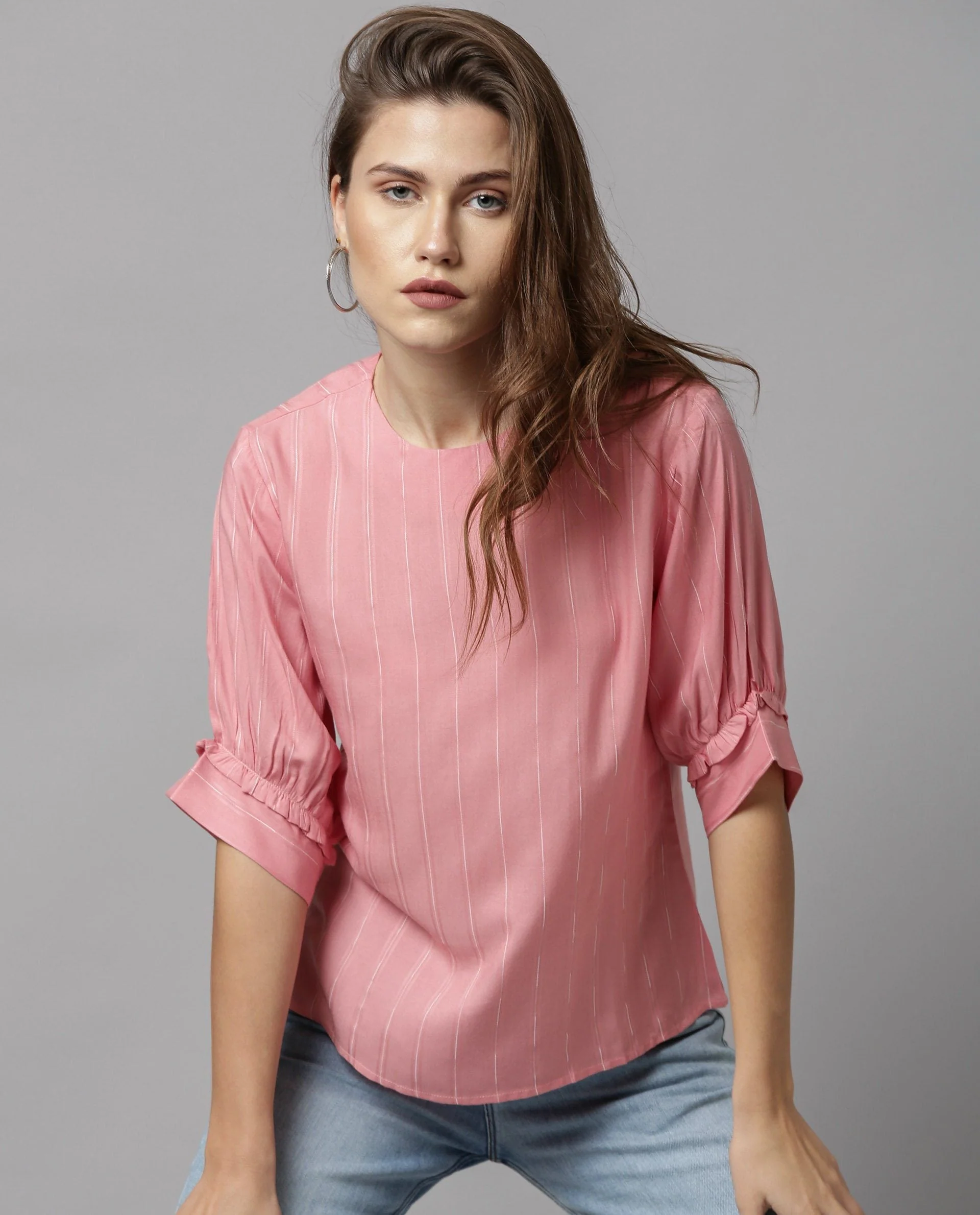 Rareism Women Mend Pink Top Short Sleeves Stripe