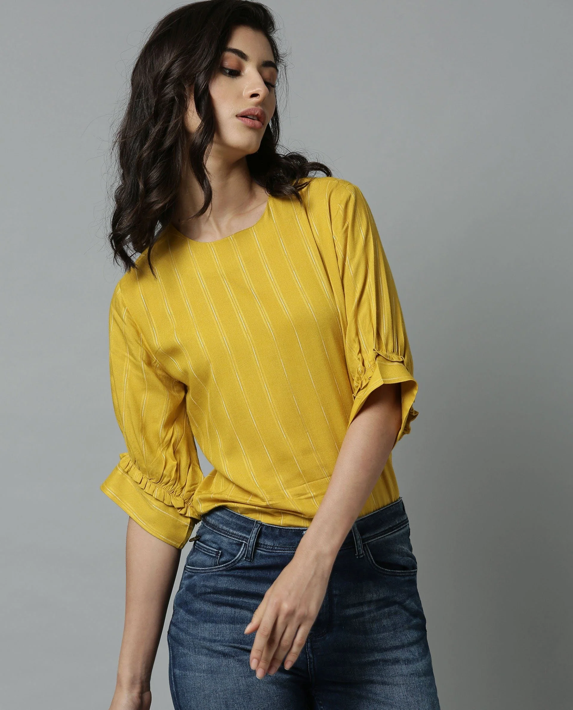 Rareism Women Mend Yellow Top Short Sleeves Stripe
